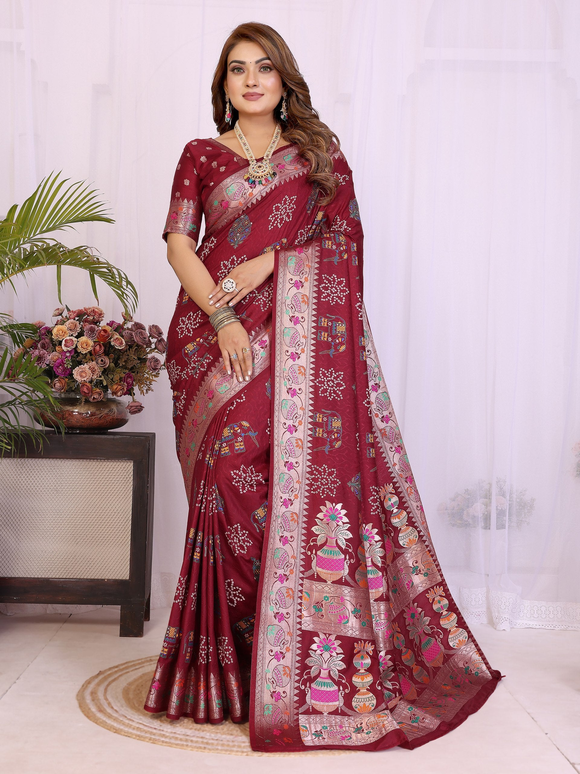 Womenline Bandhej Khadi Print Saree With Allover Zari Weaving Border Design