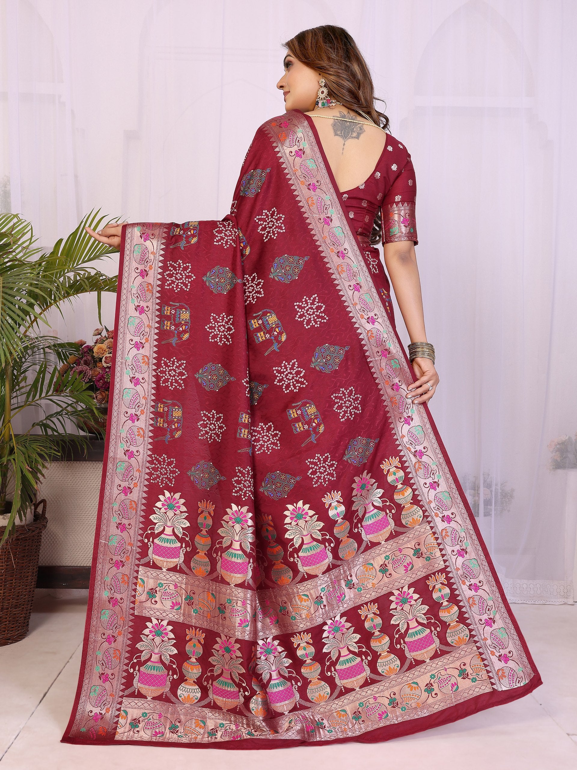 Womenline Bandhej Khadi Print Saree With Allover Zari Weaving Border Design