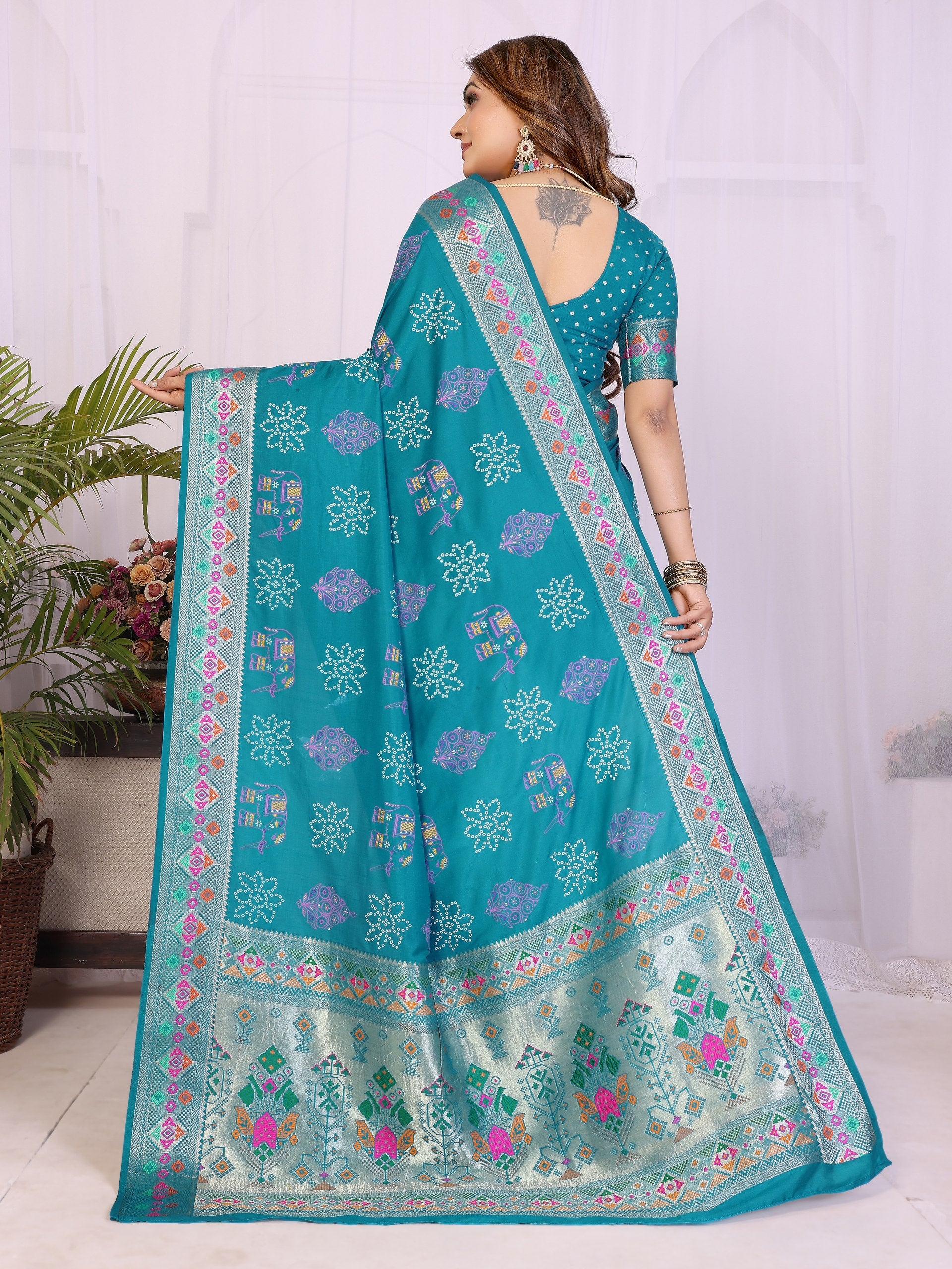 Womenline Bandhej Khadi Print Saree With Allover Zari Weaving Border Design