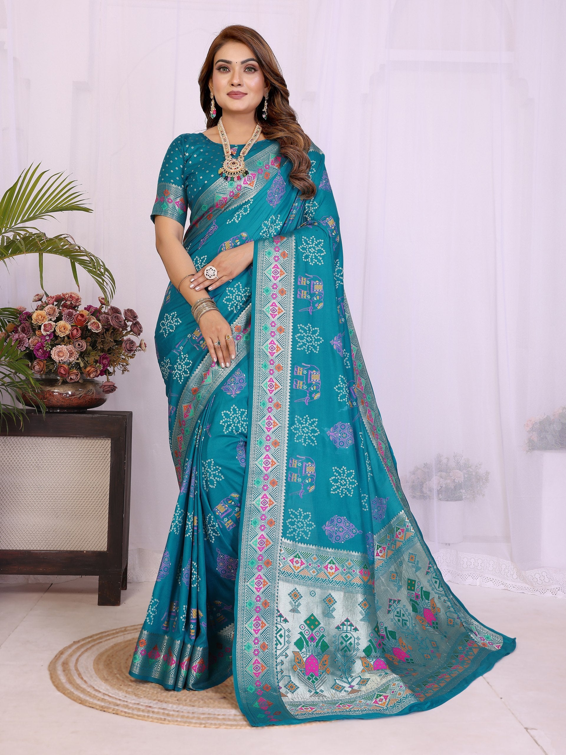 Womenline Bandhej Khadi Print Saree With Allover Zari Weaving Border Design