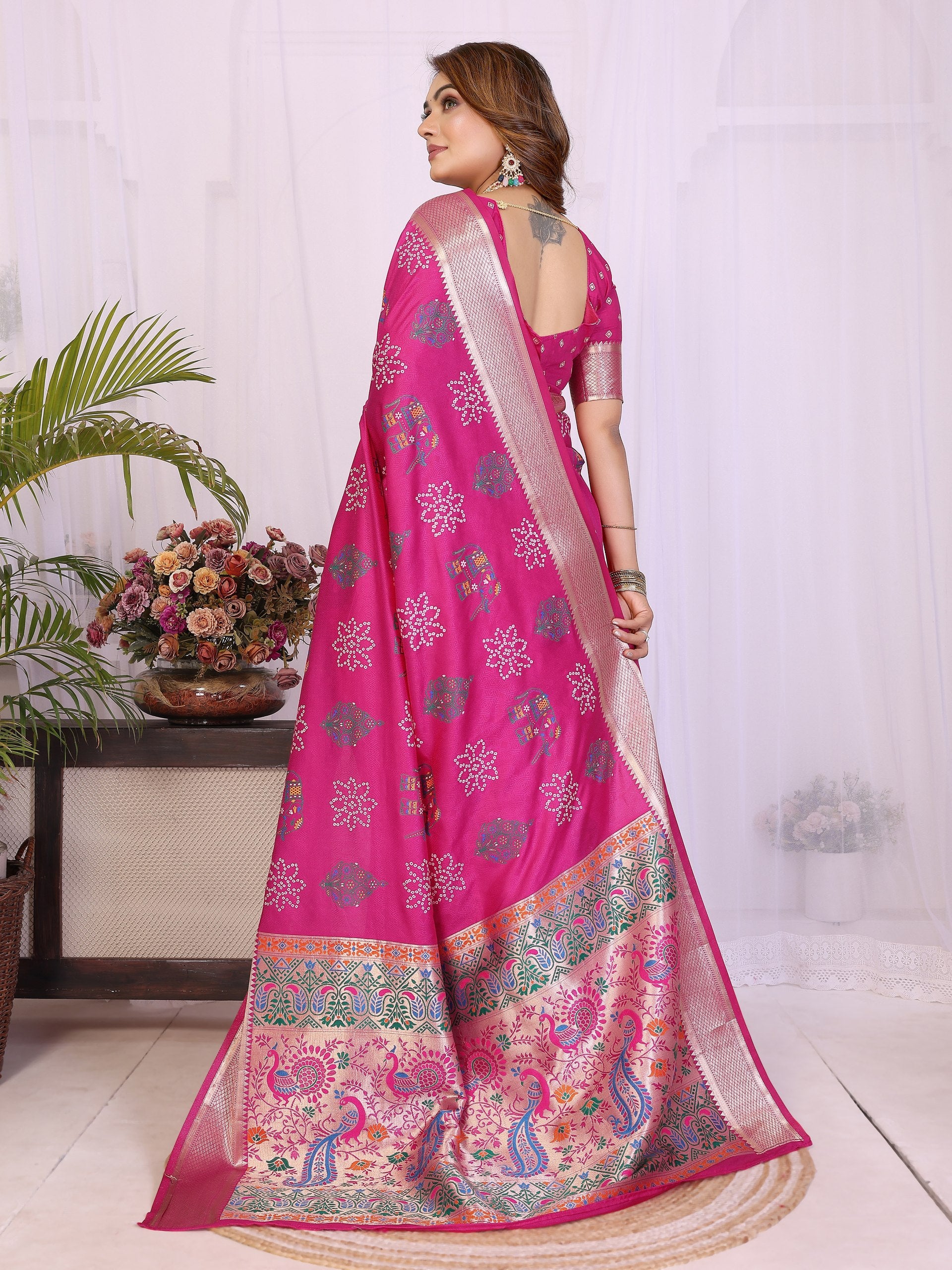 Womenline Bandhej Khadi Print Saree With Allover Zari Weaving Border Design