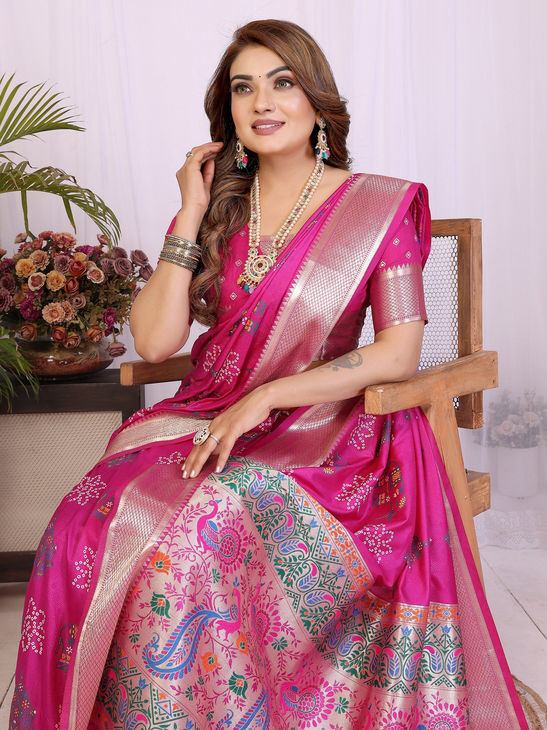 Womenline Bandhej Khadi Print Saree With Allover Zari Weaving Border Design