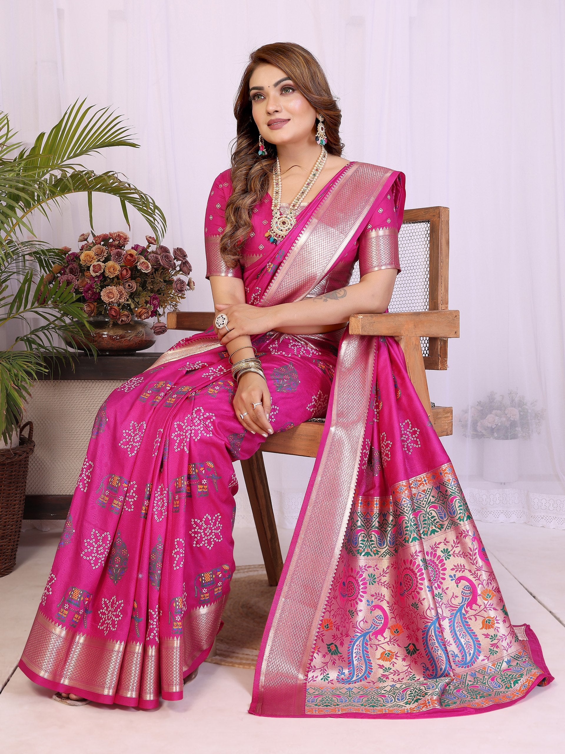 Womenline Bandhej Khadi Print Saree With Allover Zari Weaving Border Design