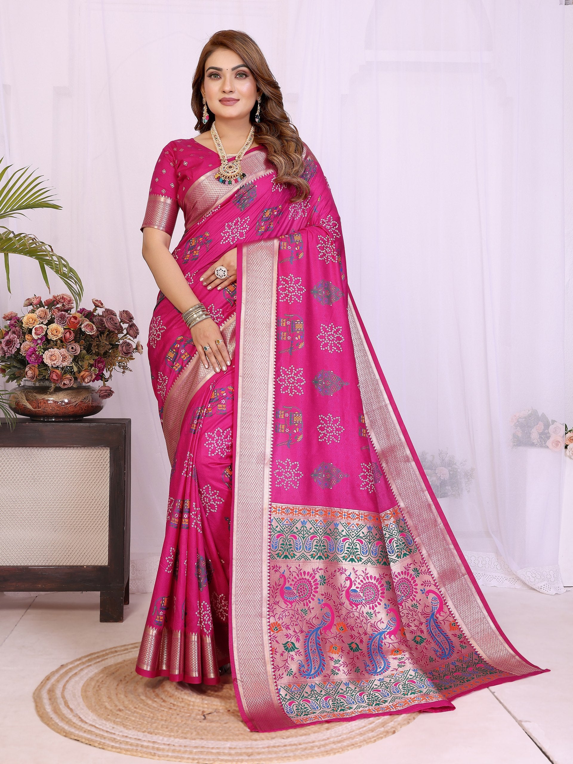 Womenline Bandhej Khadi Print Saree With Allover Zari Weaving Border Design