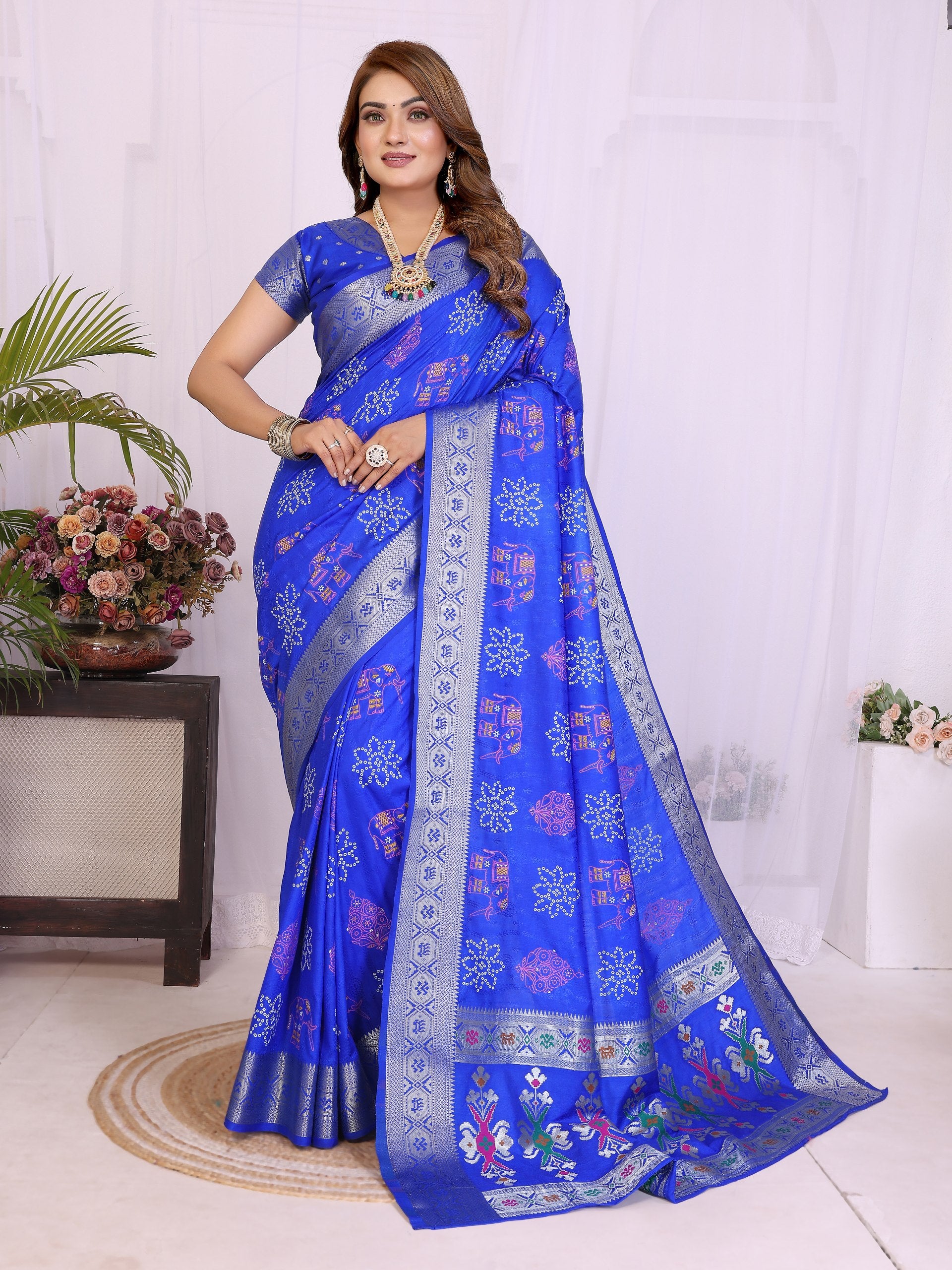 Womenline Bandhej Khadi Print Saree With Allover Zari Weaving Border Design
