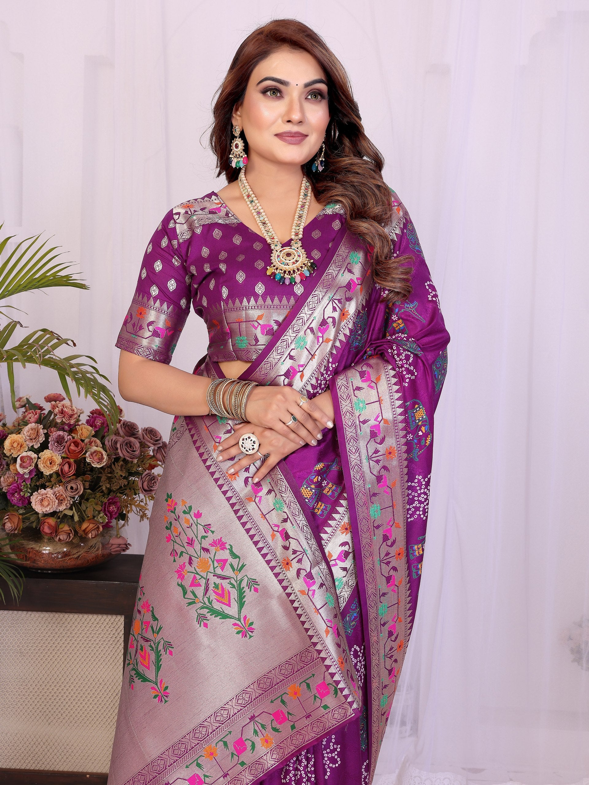 Womenline Bandhej Khadi Print Saree With Allover Zari Weaving Border Design