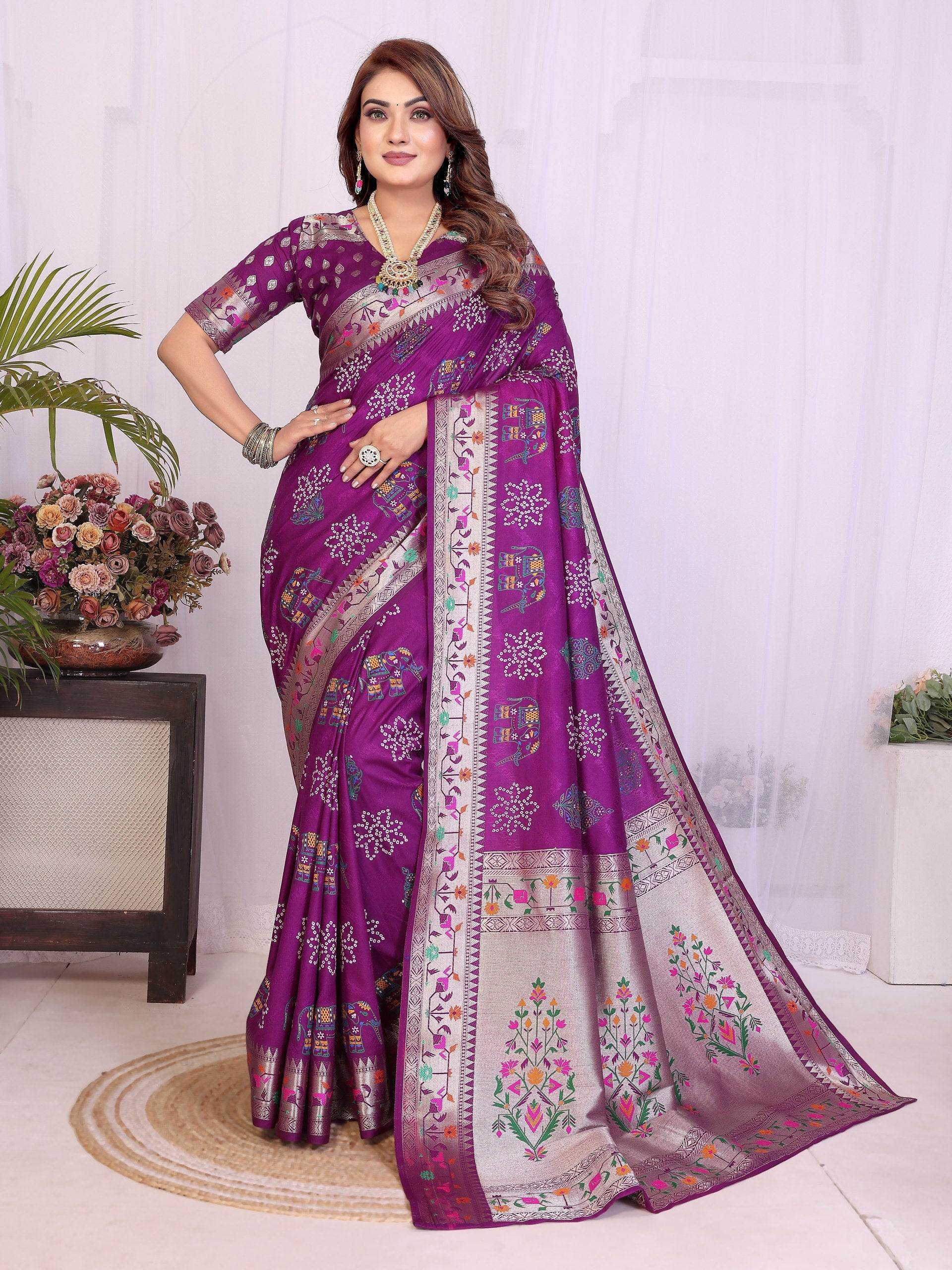 Womenline Bandhej Khadi Print Saree With Allover Zari Weaving Border Design