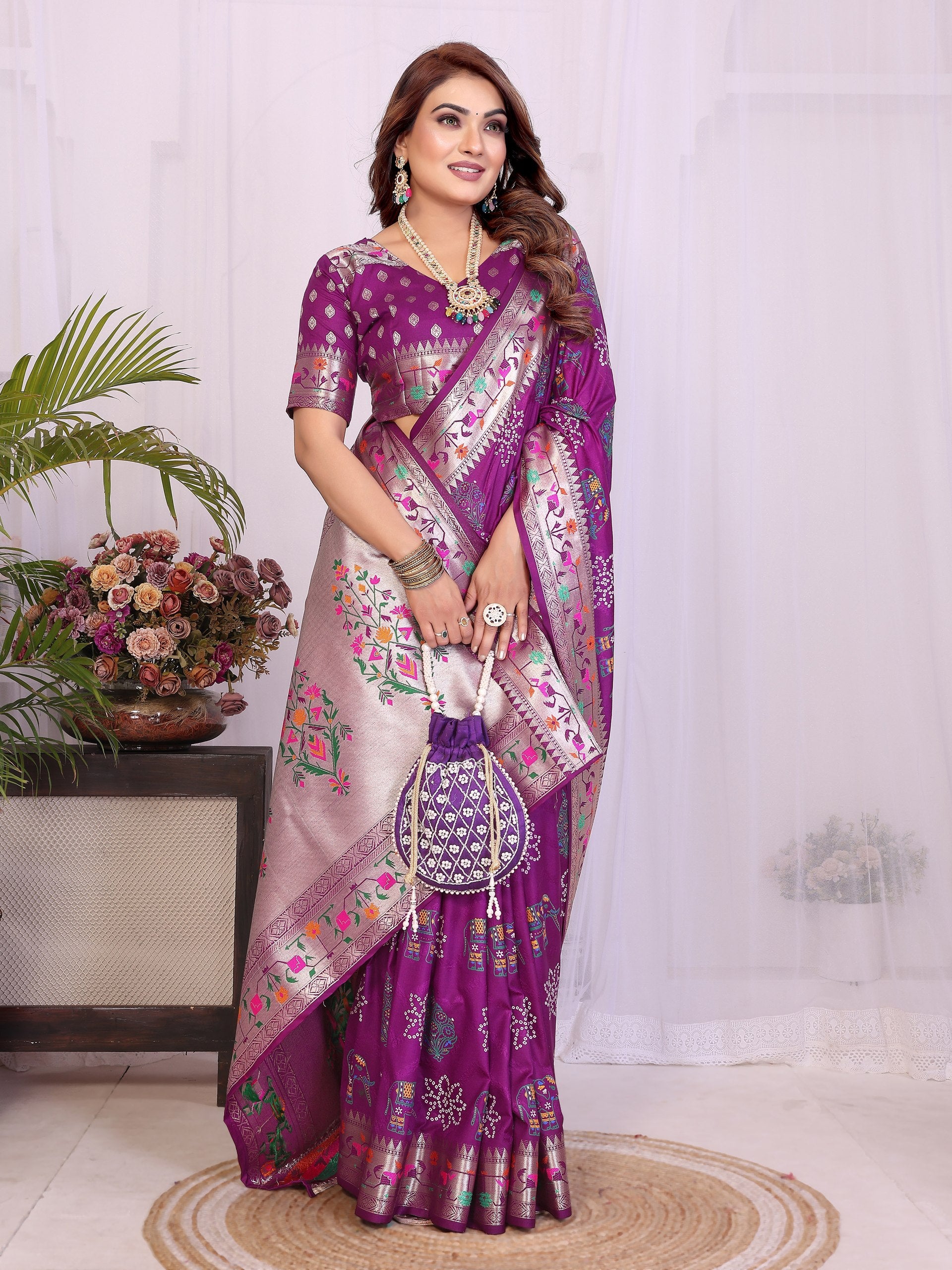 Womenline Bandhej Khadi Print Saree With Allover Zari Weaving Border Design