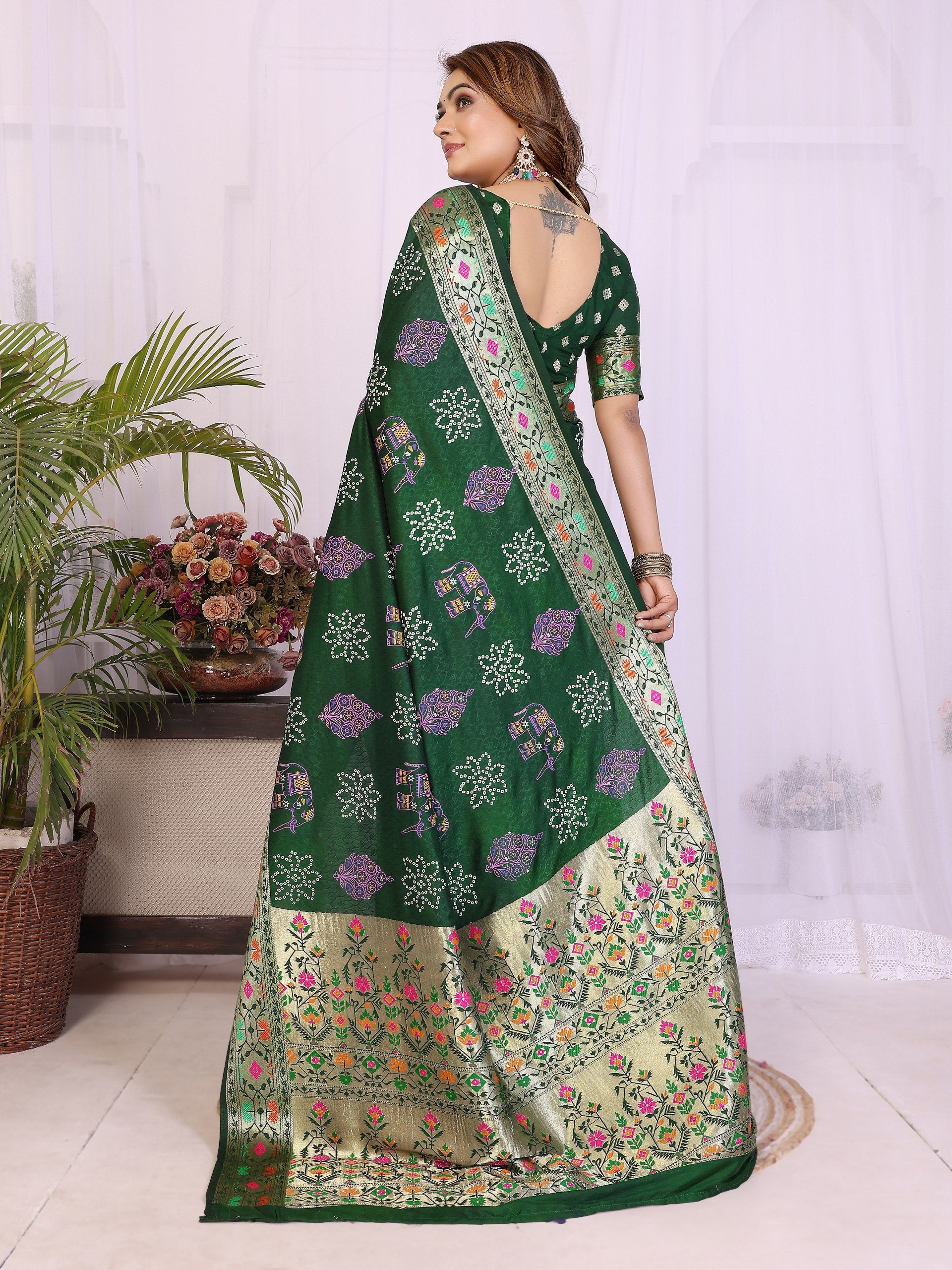 Womenline Bandhej Khadi Print Saree With Allover Zari Weaving Border Design