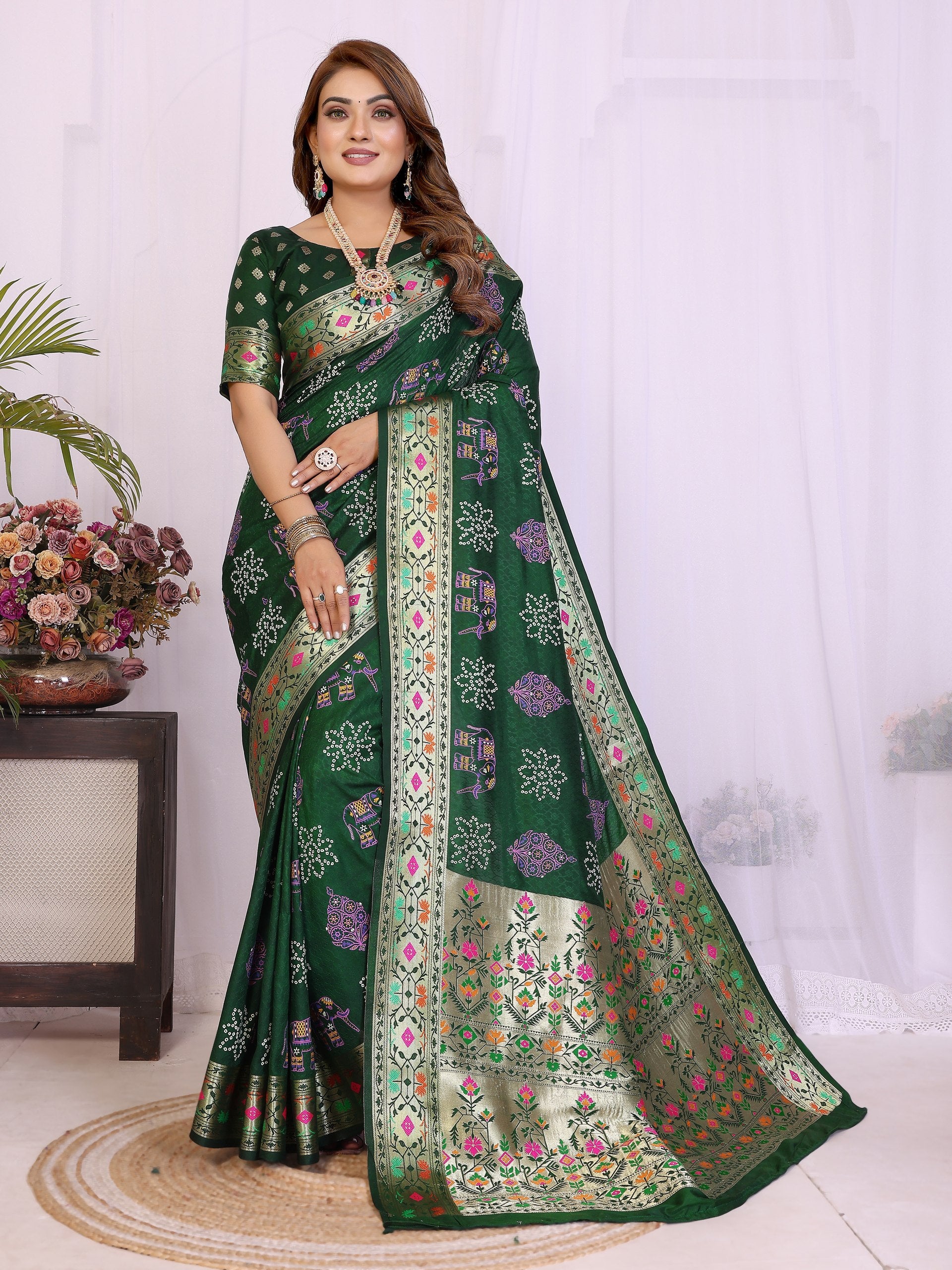 Womenline Bandhej Khadi Print Saree With Allover Zari Weaving Border Design