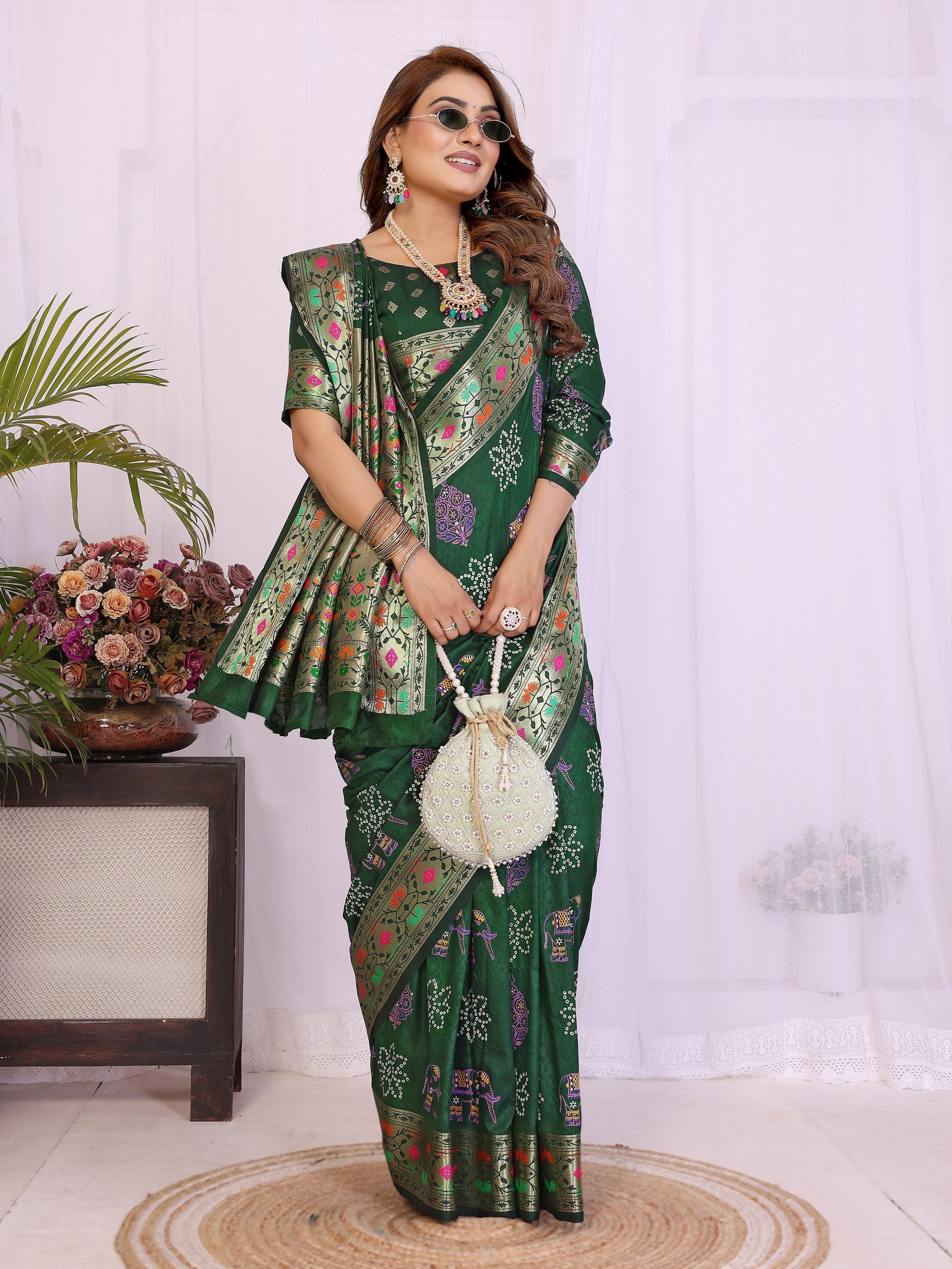 Womenline Bandhej Khadi Print Saree With Allover Zari Weaving Border Design