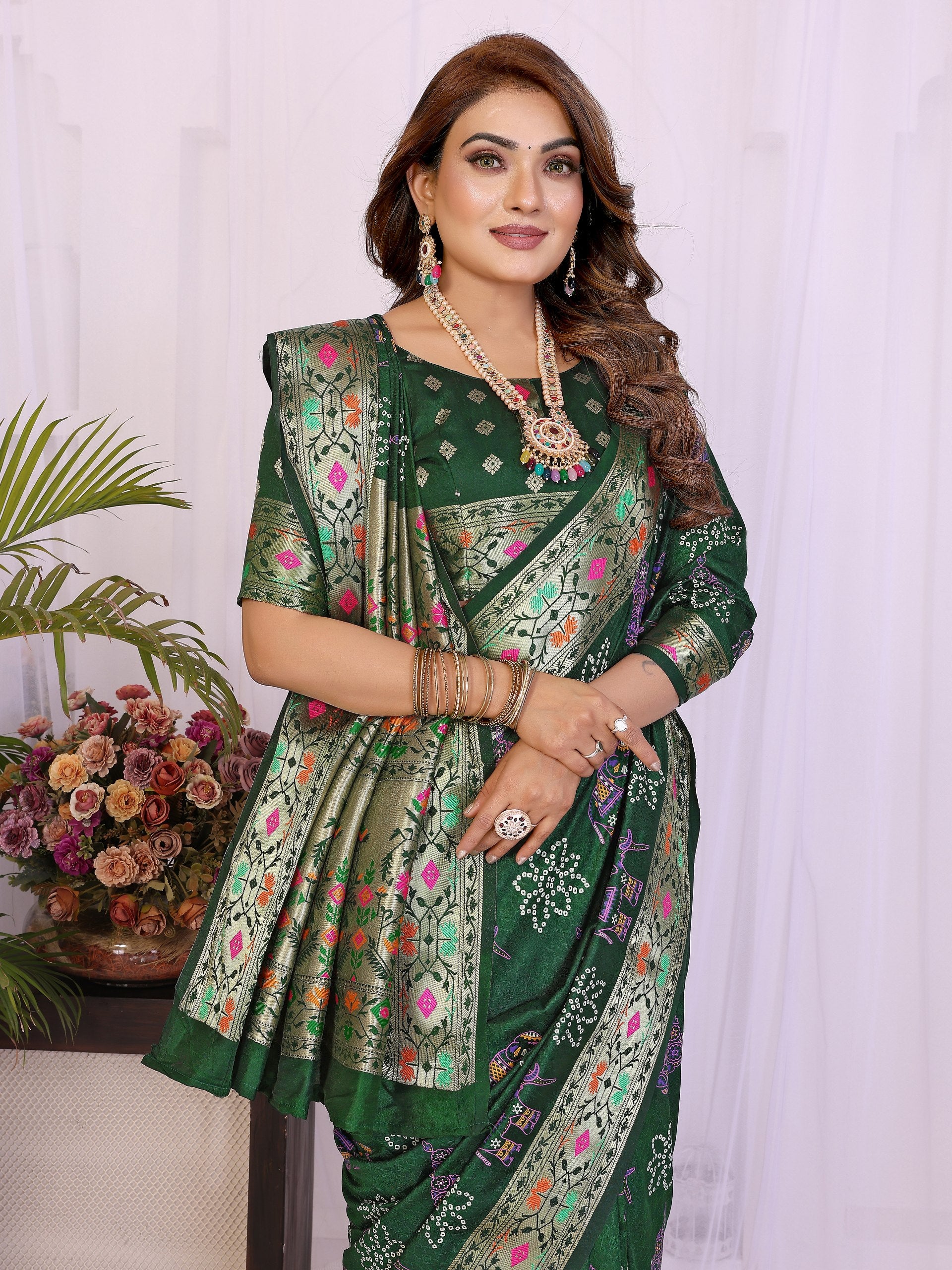 Womenline Bandhej Khadi Print Saree With Allover Zari Weaving Border Design