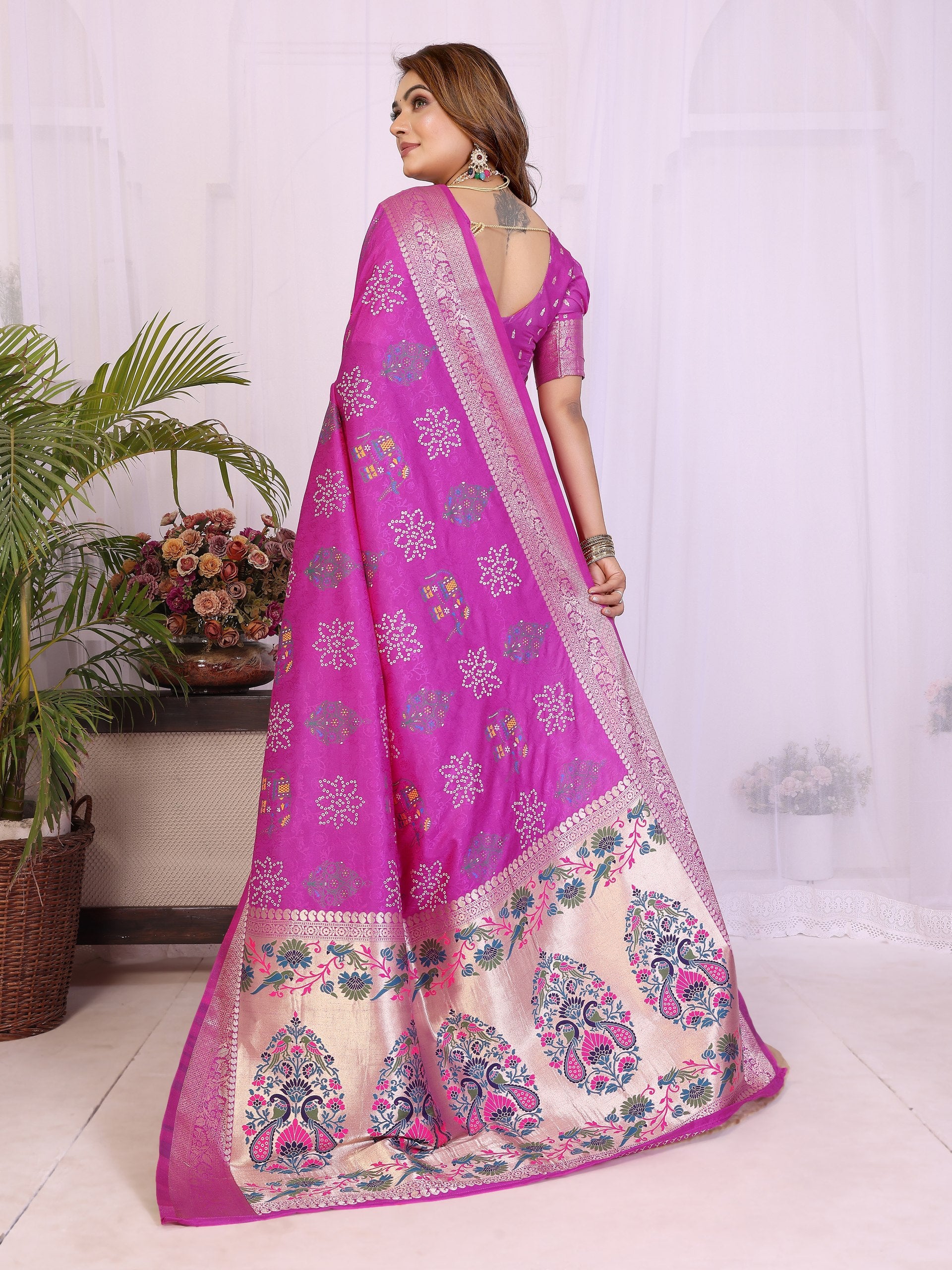 Womenline Bandhej Khadi Print Saree With Allover Zari Weaving Border Design