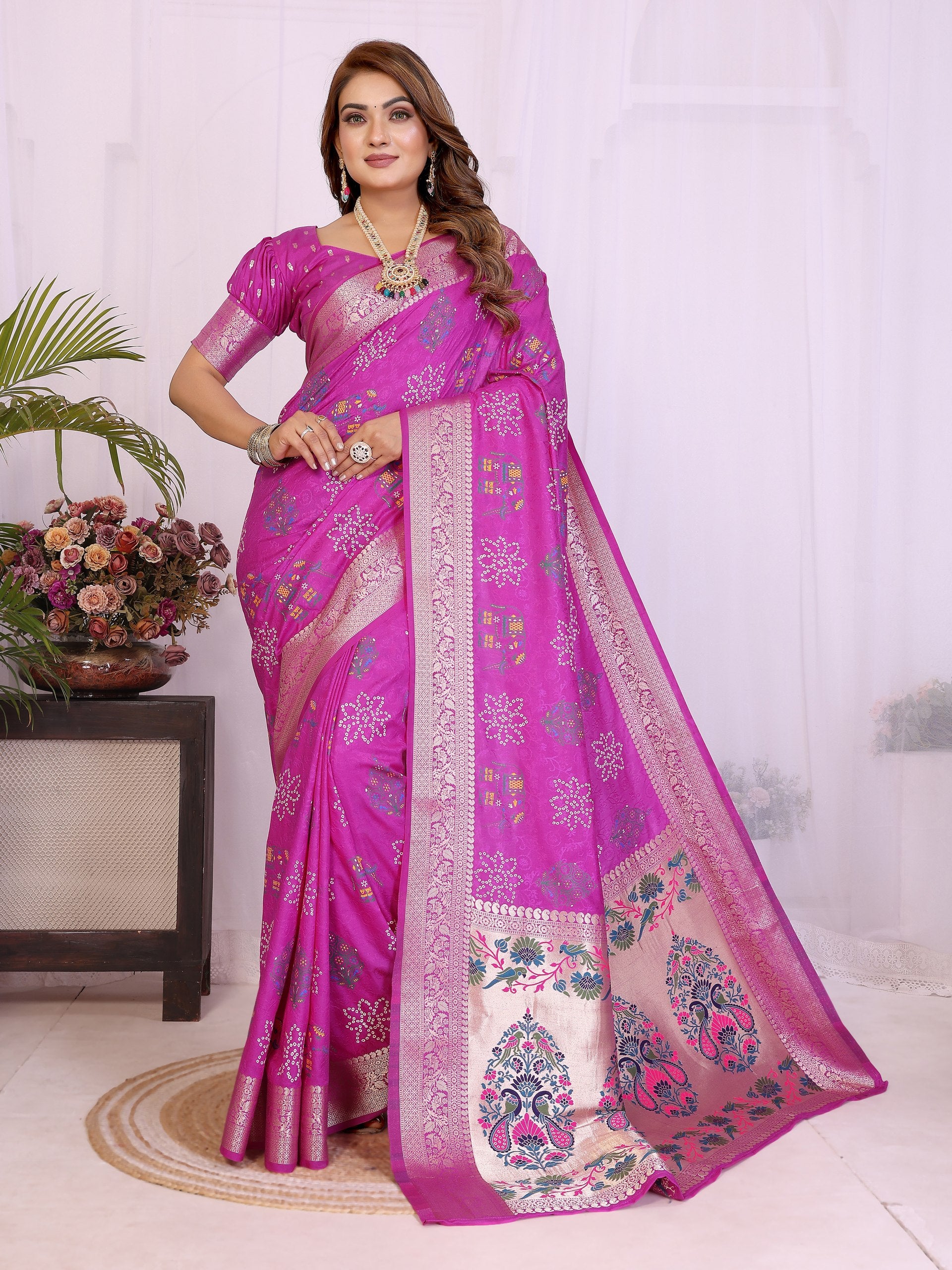 Womenline Bandhej Khadi Print Saree With Allover Zari Weaving Border Design