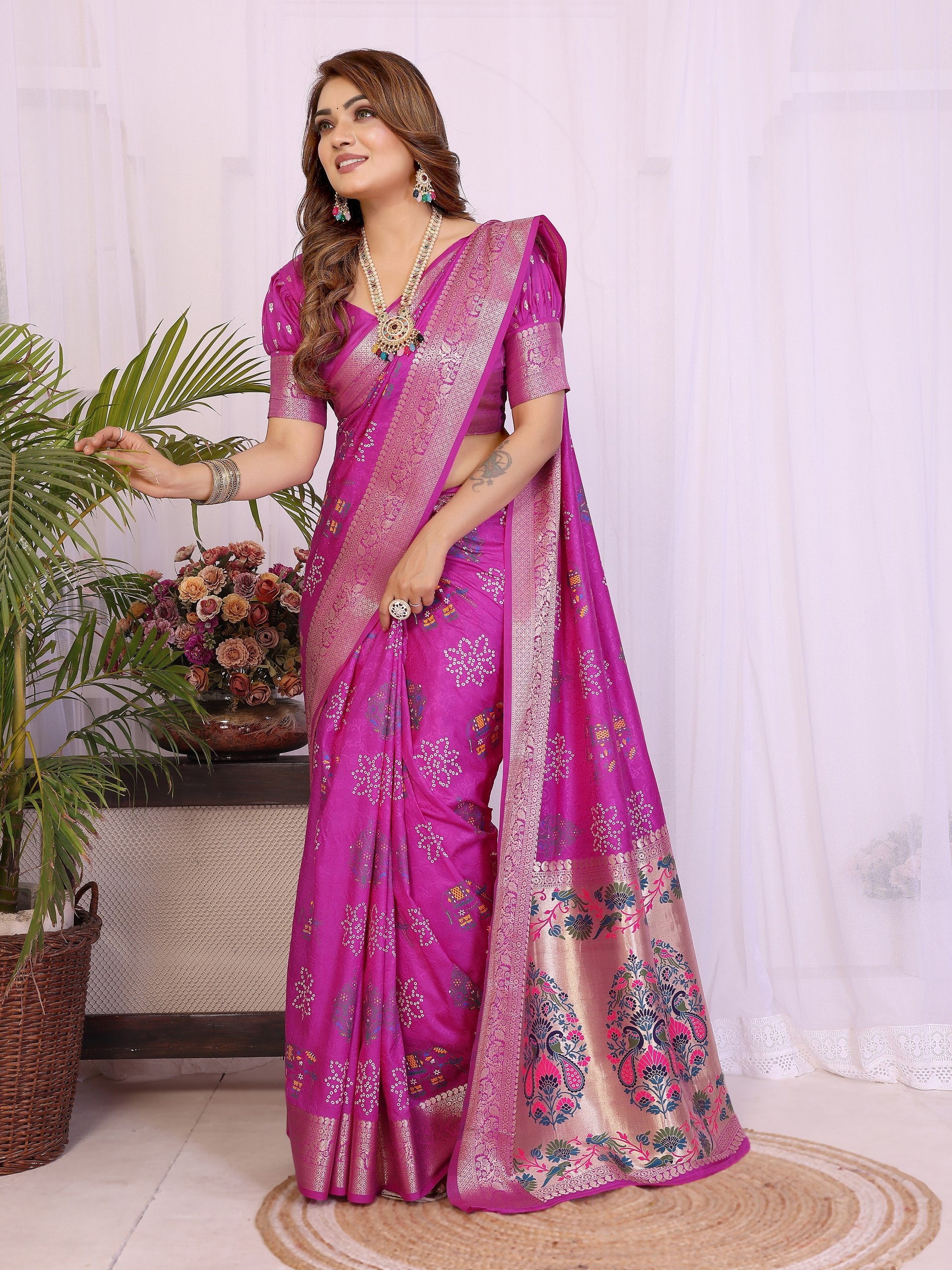 Womenline Bandhej Khadi Print Saree With Allover Zari Weaving Border Design