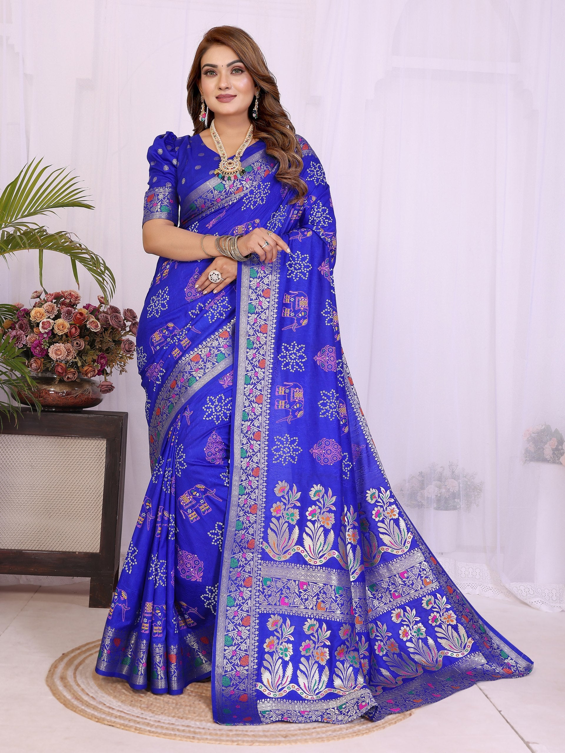 Womenline Bandhej Khadi Print Saree With Allover Zari Weaving Border Design
