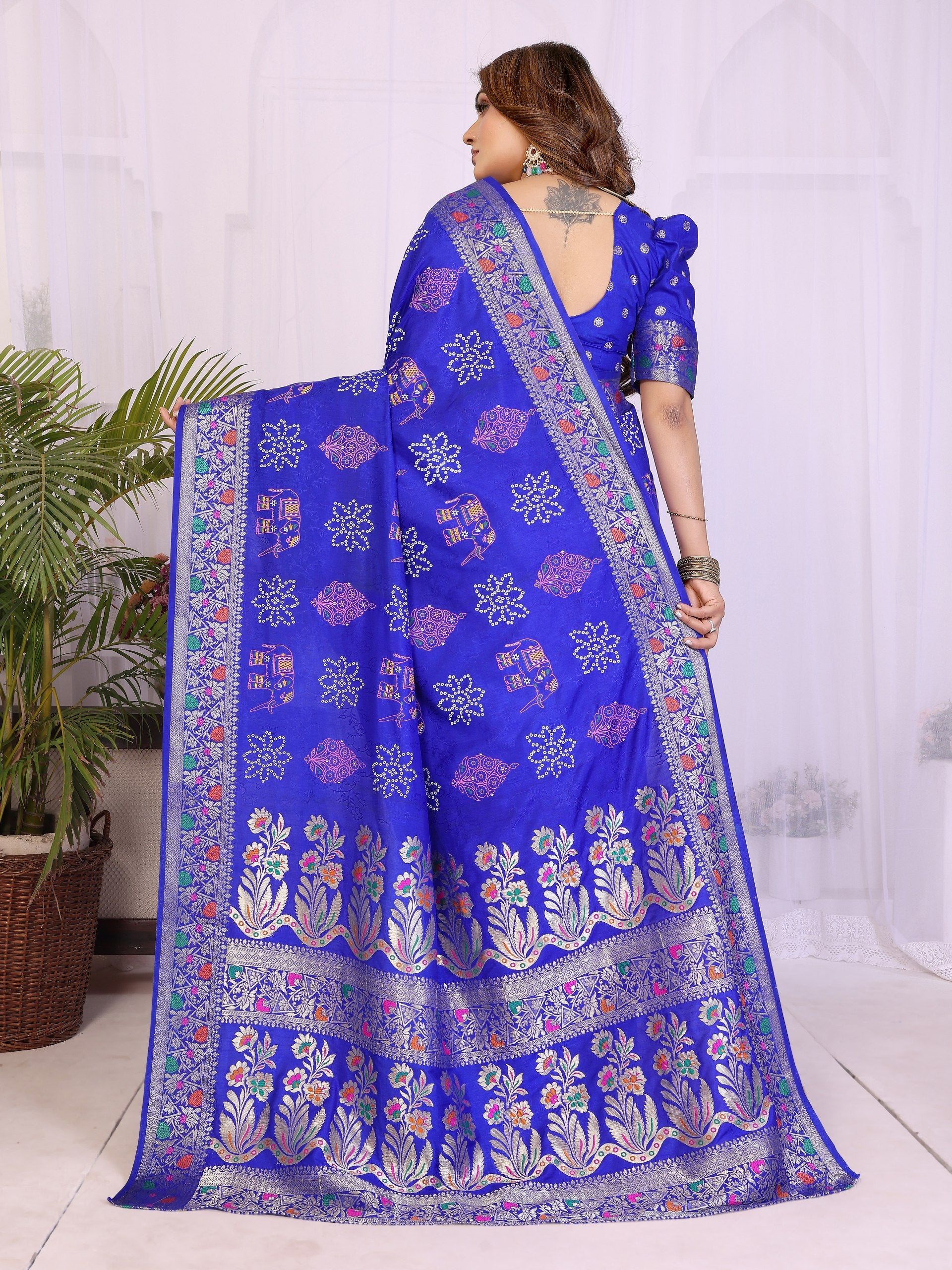 Womenline Bandhej Khadi Print Saree With Allover Zari Weaving Border Design