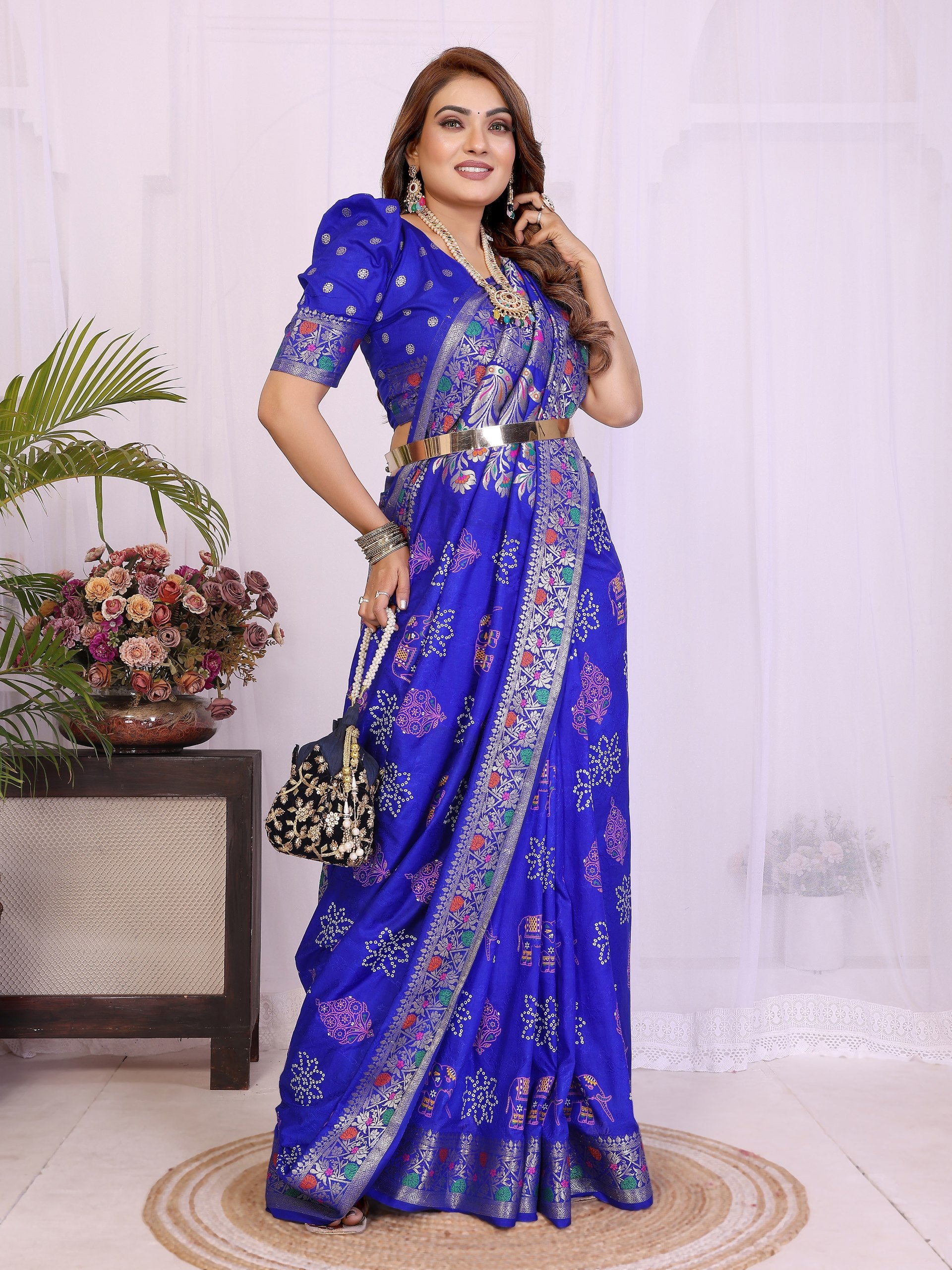 Womenline Bandhej Khadi Print Saree With Allover Zari Weaving Border Design