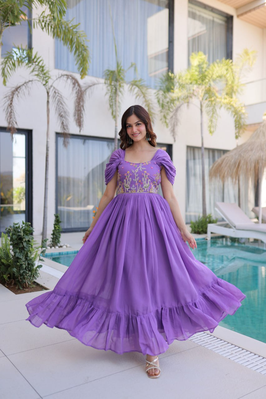 Womenline Lavender Purple Embroidered Flared Designer Gown