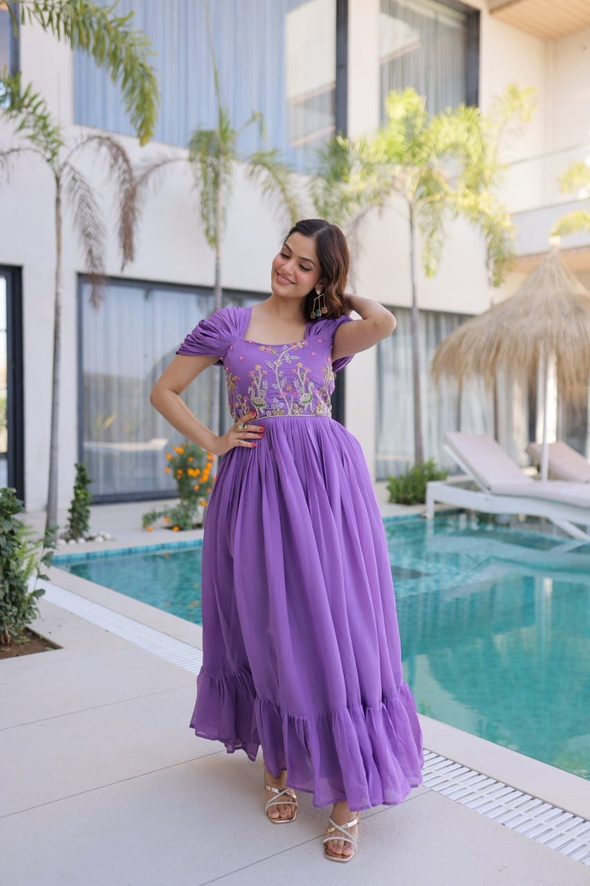 Womenline Lavender Purple Embroidered Flared Designer Gown