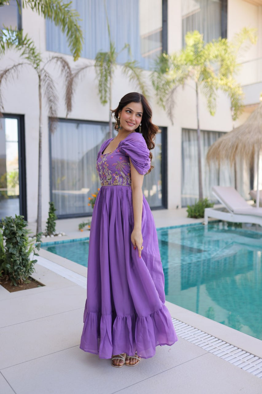 Womenline Lavender Purple Embroidered Flared Designer Gown