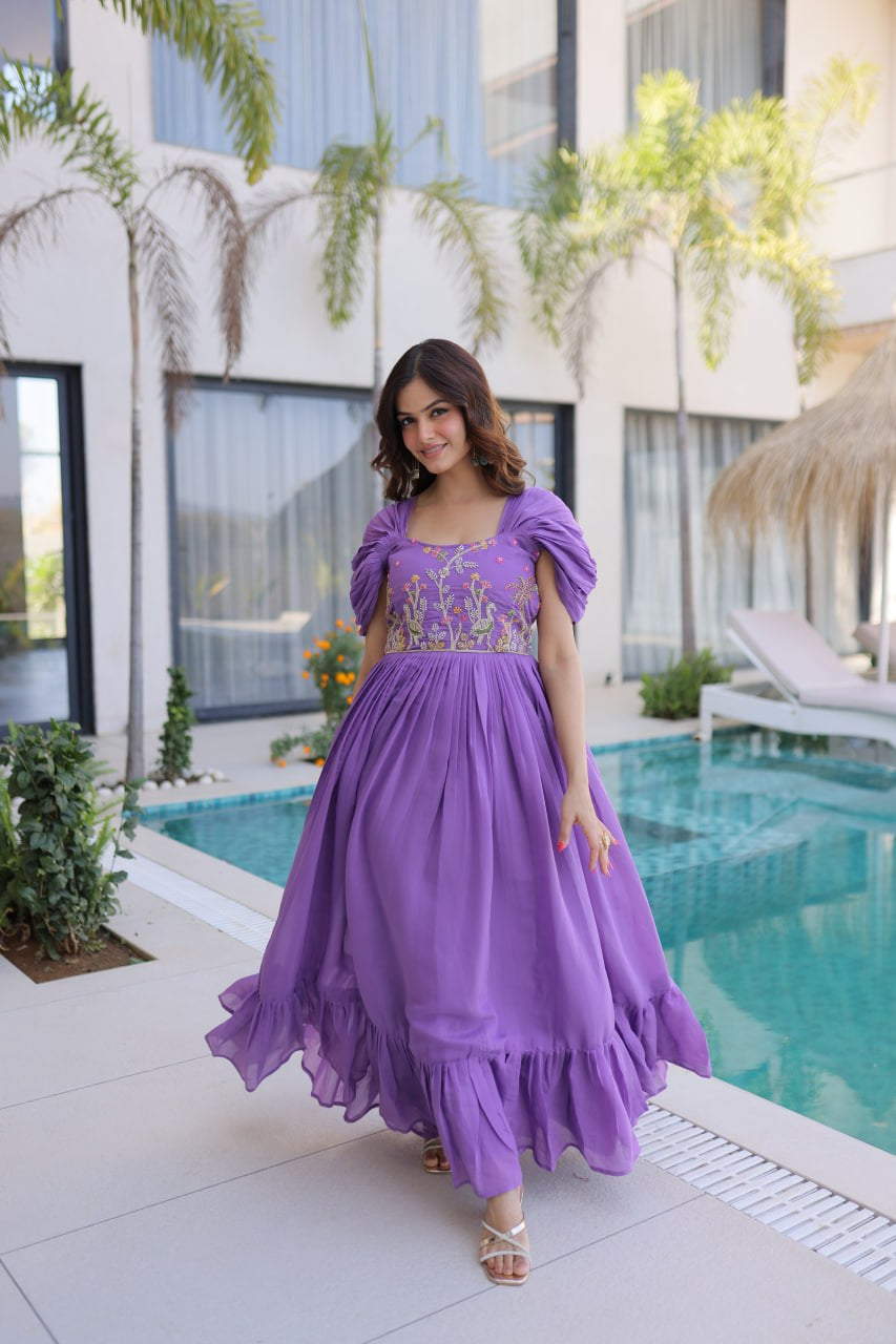 Womenline Lavender Purple Embroidered Flared Designer Gown