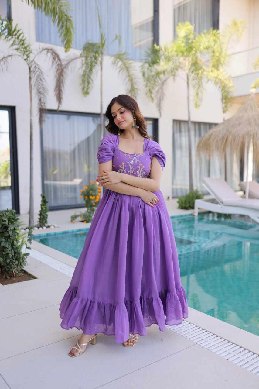 Womenline Lavender Purple Embroidered Flared Designer Gown