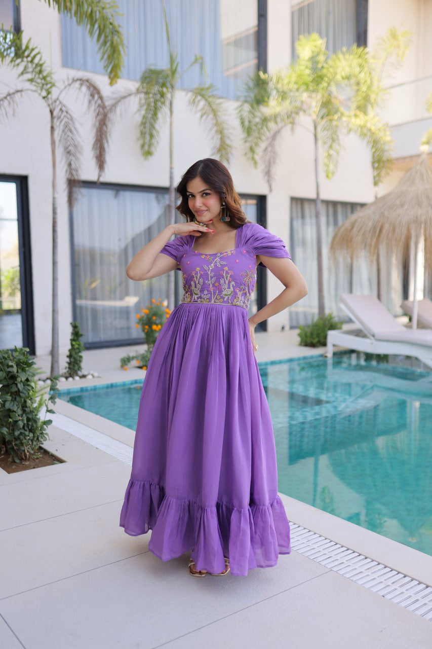 Womenline Lavender Purple Embroidered Flared Designer Gown
