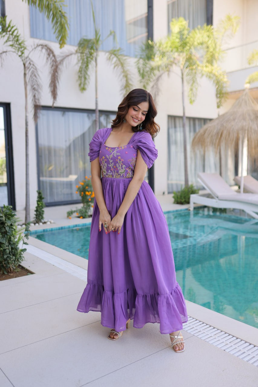 Womenline Lavender Purple Embroidered Flared Designer Gown