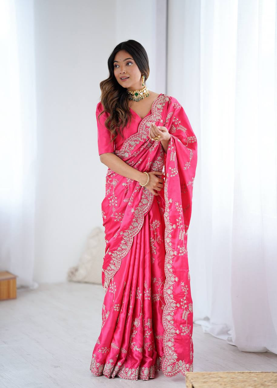 Womenline Elegant Rani Pink Silk Saree with Heavy Golden Embroidery & Designer Border