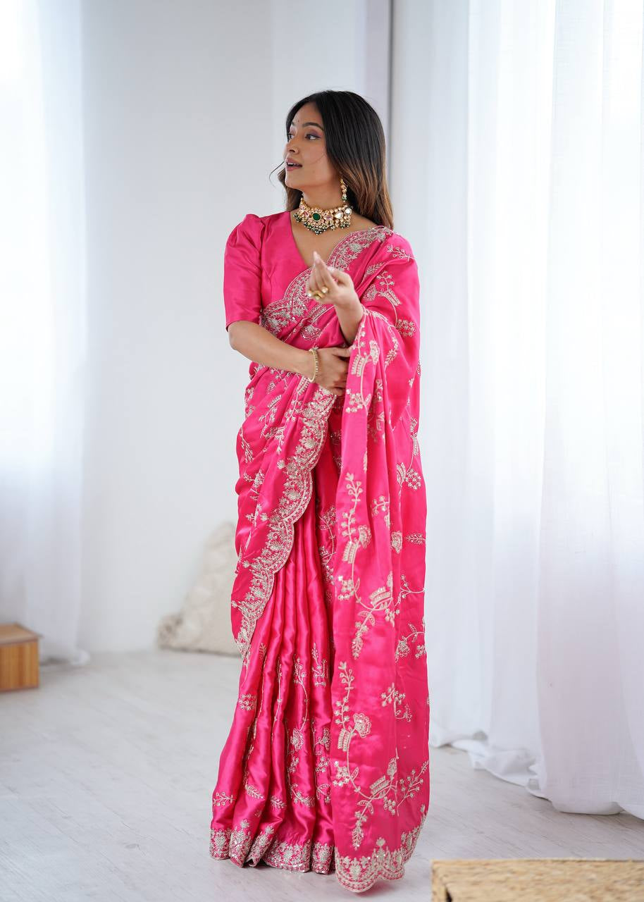 Womenline Elegant Rani Pink Silk Saree with Heavy Golden Embroidery & Designer Border