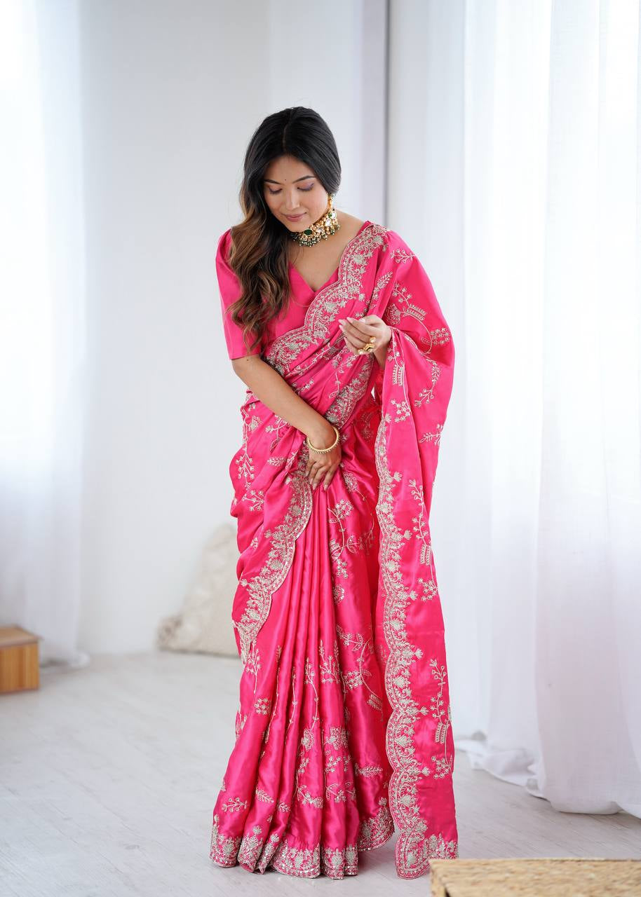 Womenline Elegant Rani Pink Silk Saree with Heavy Golden Embroidery & Designer Border