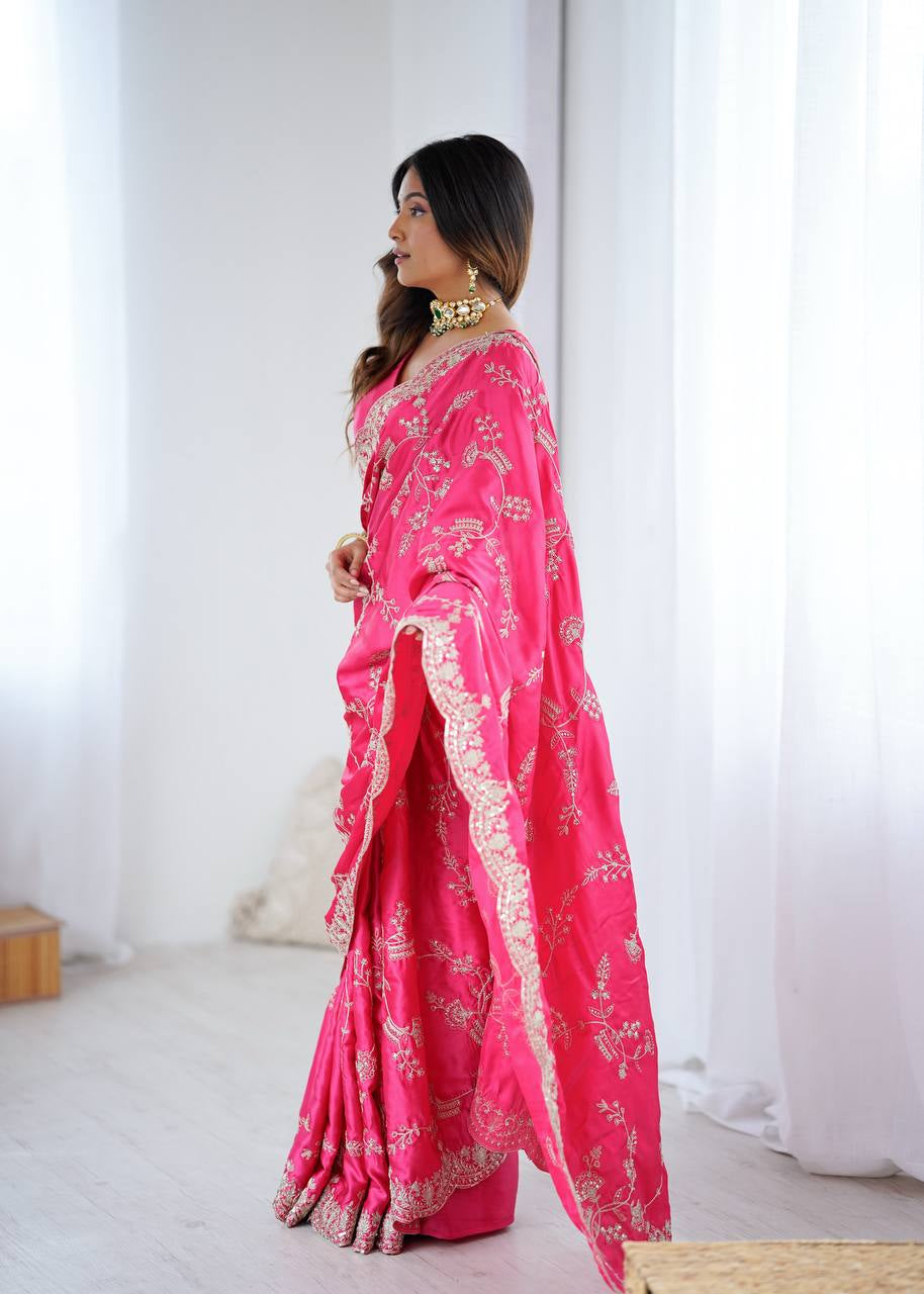 Womenline Elegant Rani Pink Silk Saree with Heavy Golden Embroidery & Designer Border