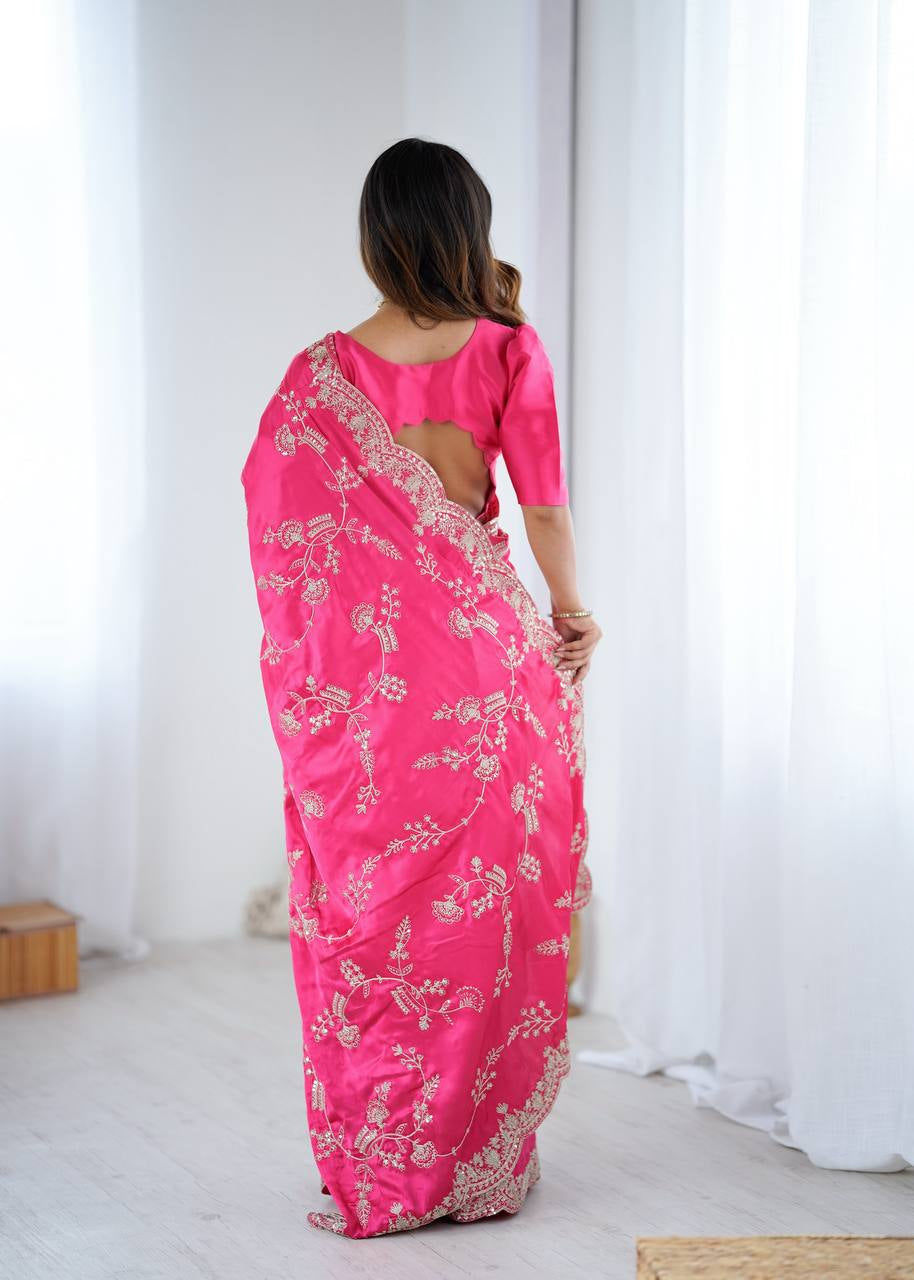 Womenline Elegant Rani Pink Silk Saree with Heavy Golden Embroidery & Designer Border