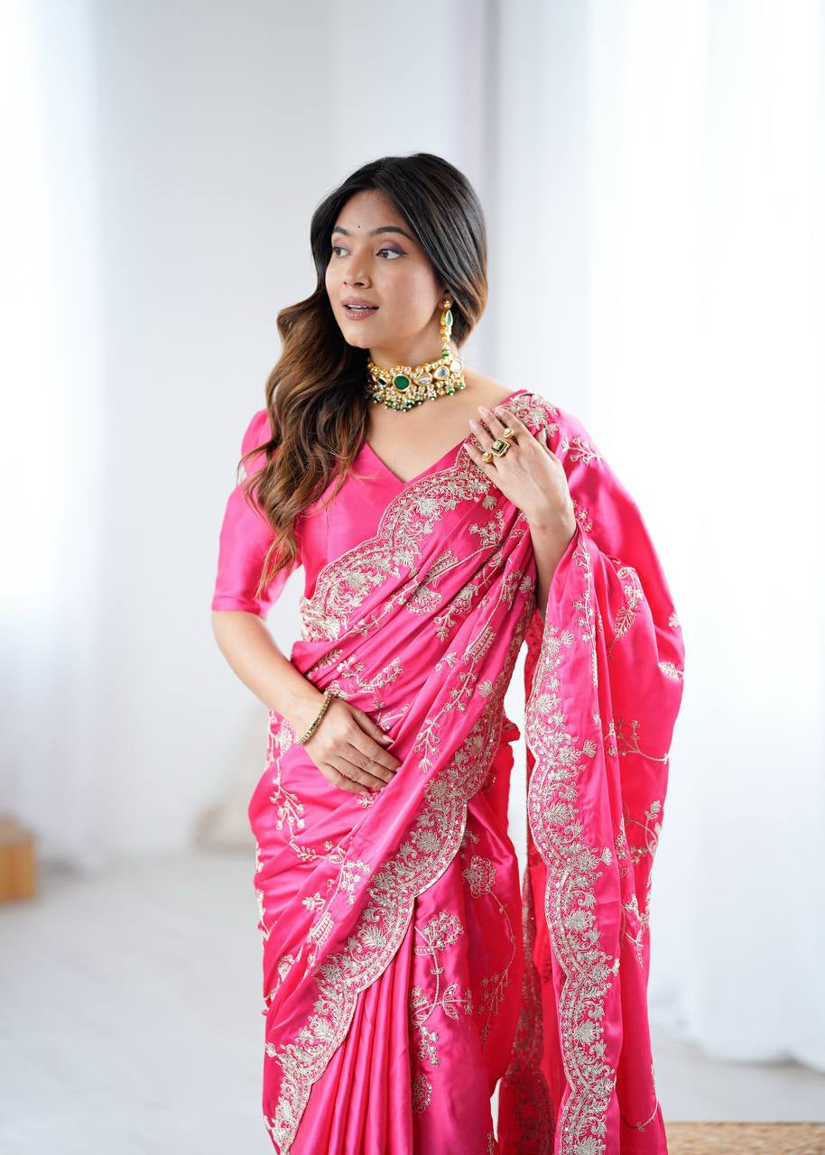 Womenline Elegant Rani Pink Silk Saree with Heavy Golden Embroidery & Designer Border