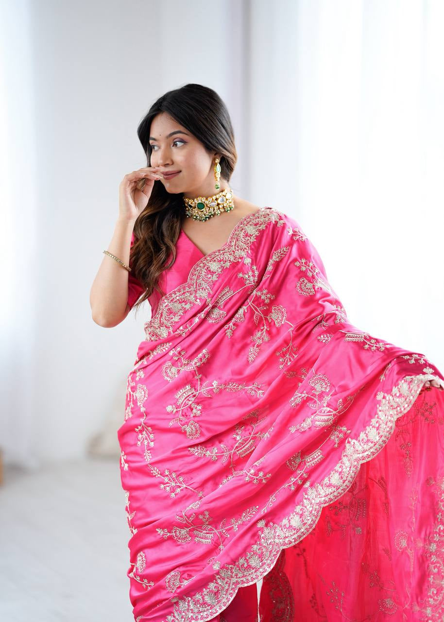 Womenline Elegant Rani Pink Silk Saree with Heavy Golden Embroidery & Designer Border
