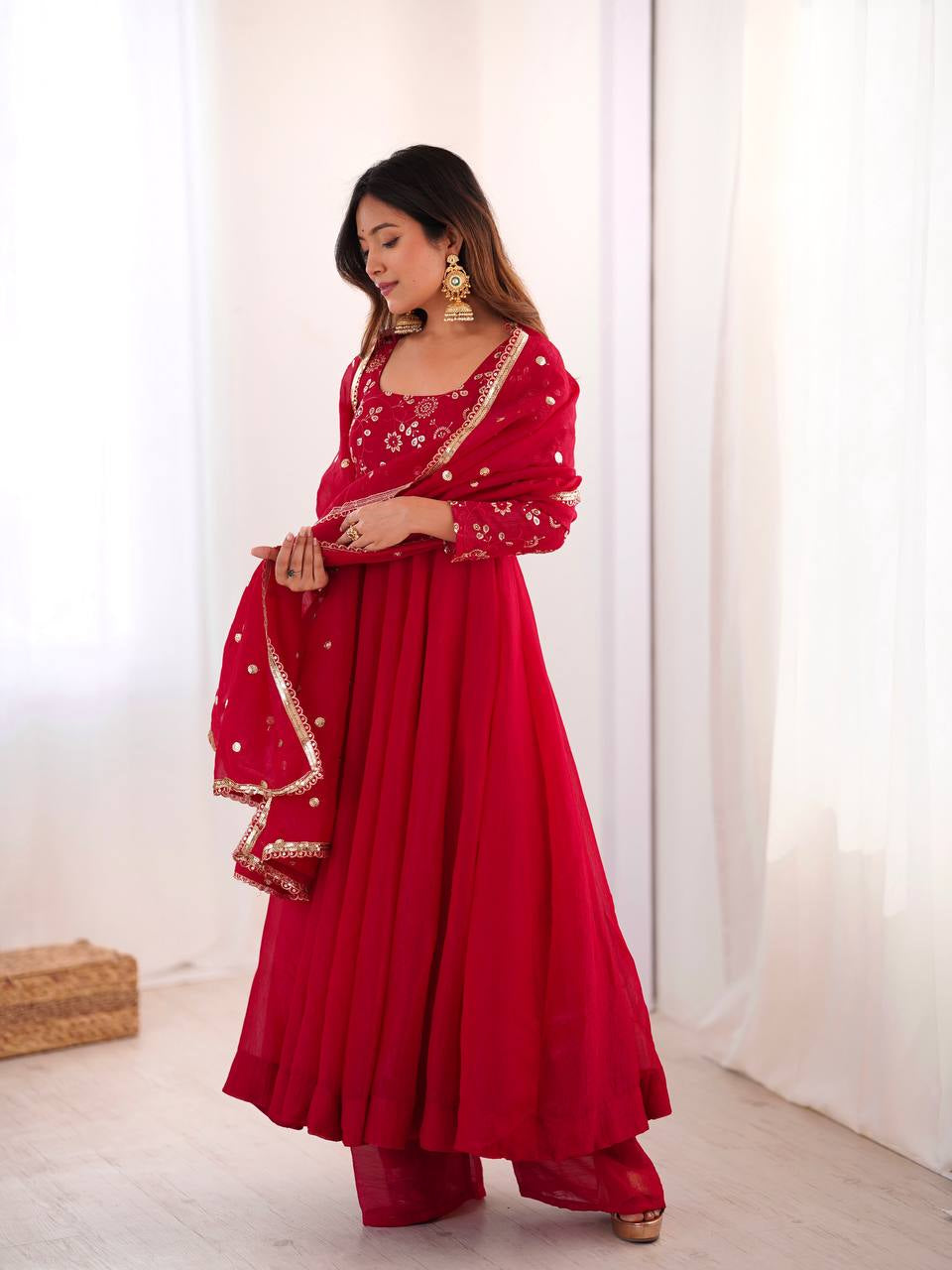 Womenline Regal Ruby Red Embroidered Anarkali Suit Set with Dupatta