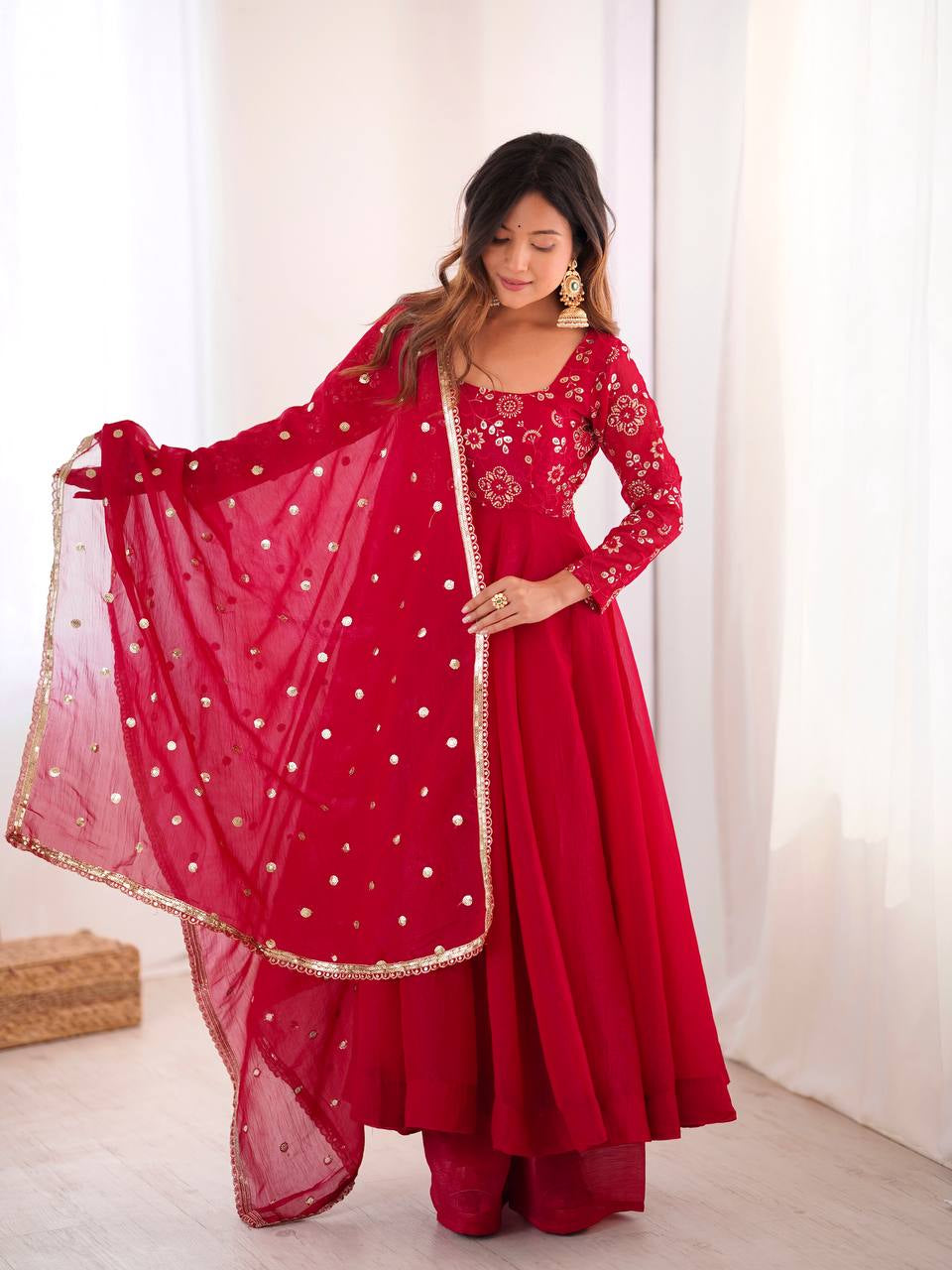 Womenline Regal Ruby Red Embroidered Anarkali Suit Set with Dupatta