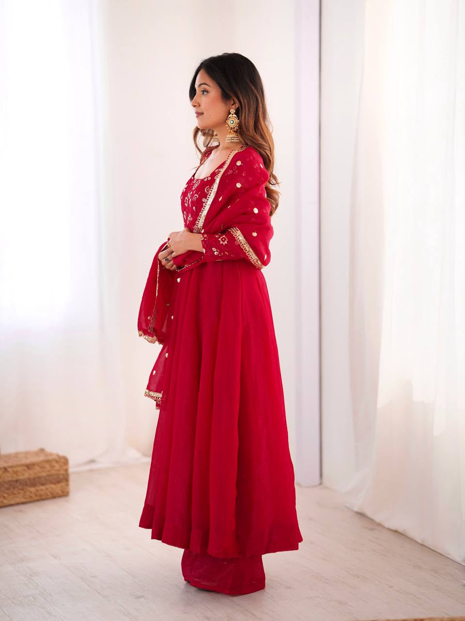 Womenline Regal Ruby Red Embroidered Anarkali Suit Set with Dupatta