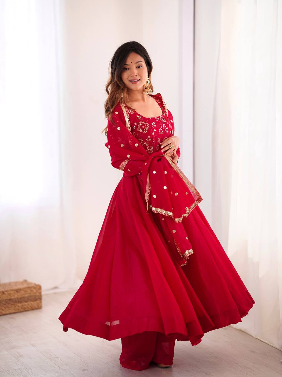 Womenline Regal Ruby Red Embroidered Anarkali Suit Set with Dupatta