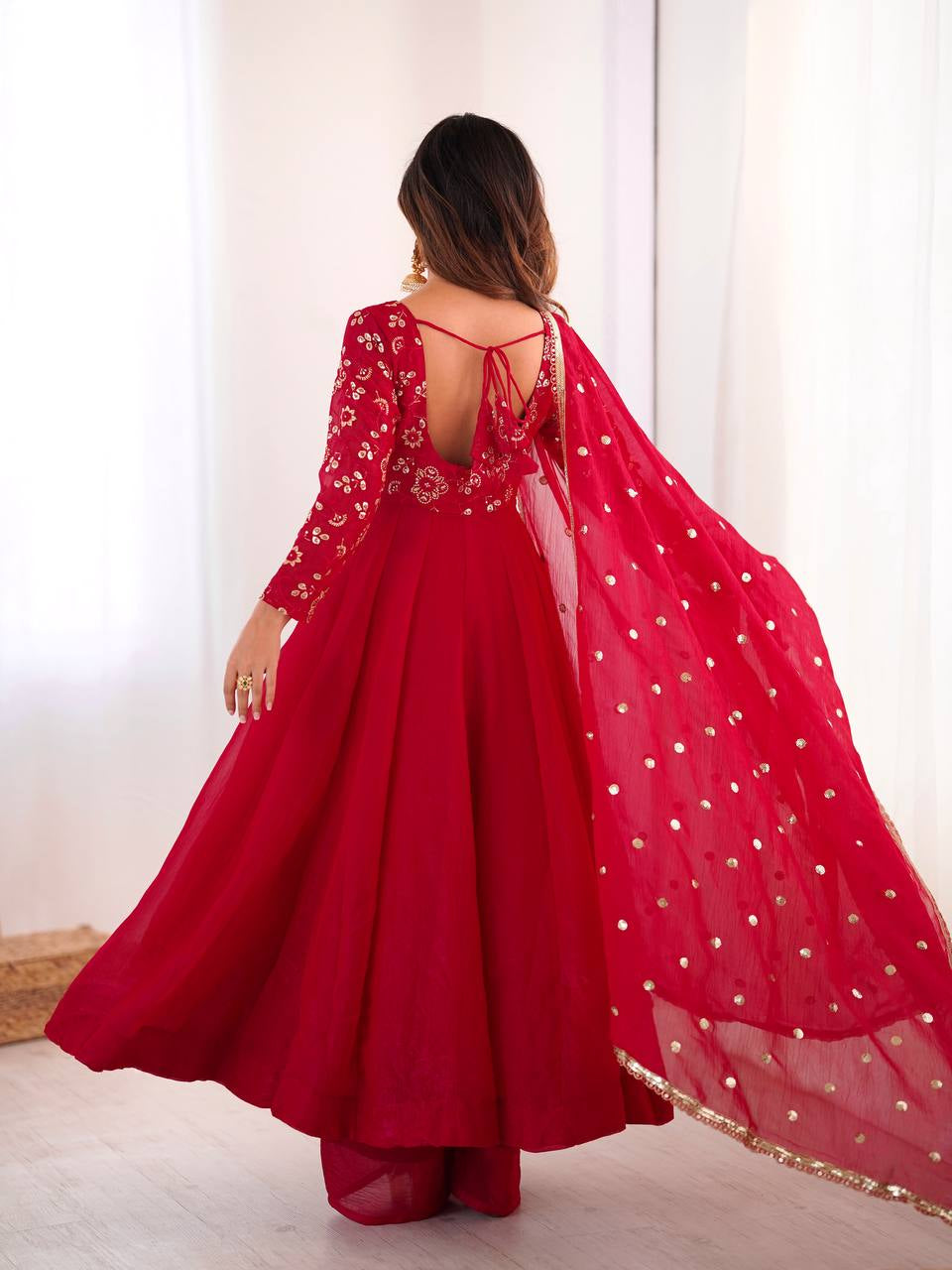 Womenline Regal Ruby Red Embroidered Anarkali Suit Set with Dupatta