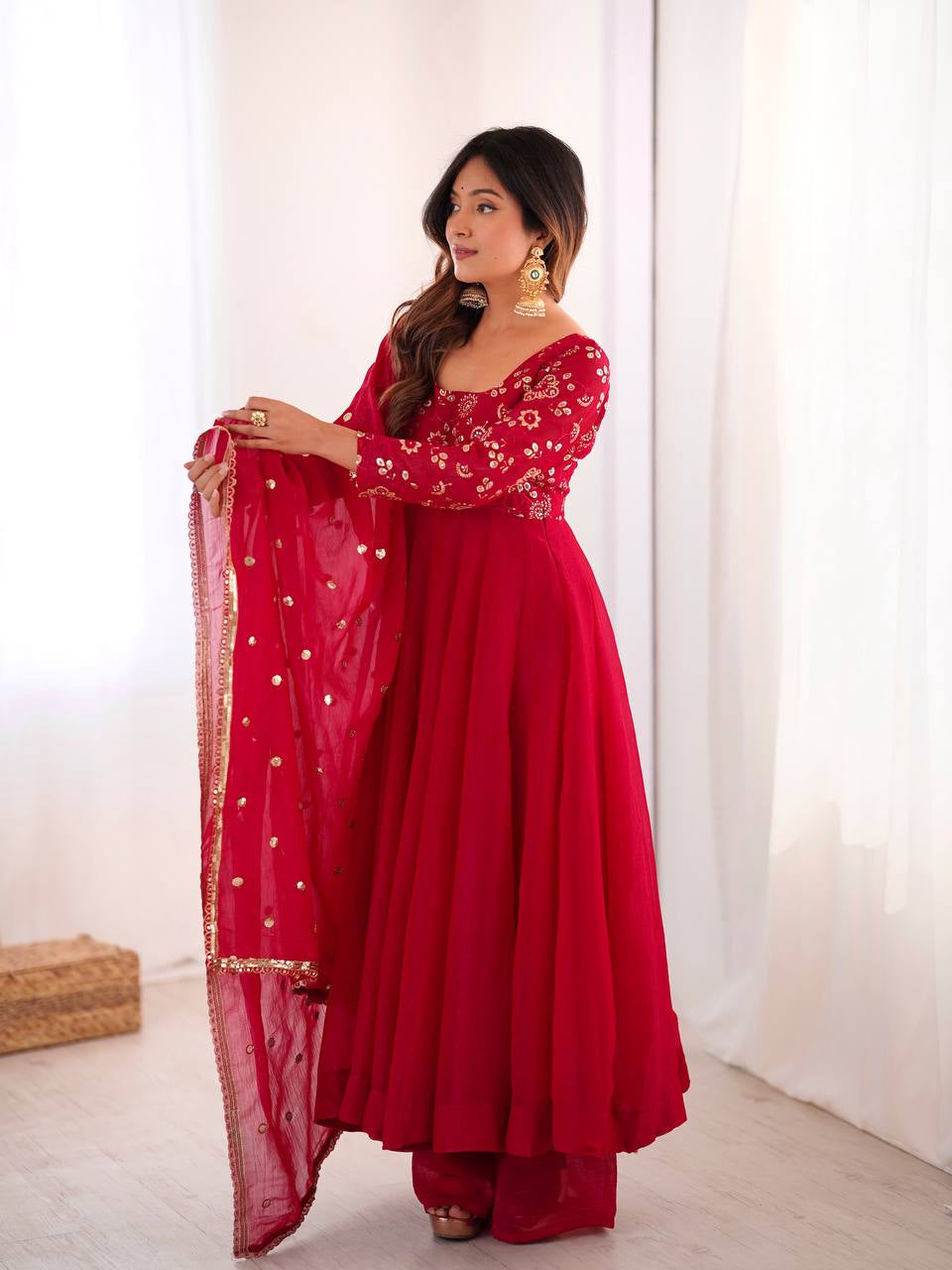 Womenline Regal Ruby Red Embroidered Anarkali Suit Set with Dupatta