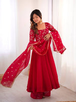 Womenline Regal Ruby Red Embroidered Anarkali Suit Set with Dupatta