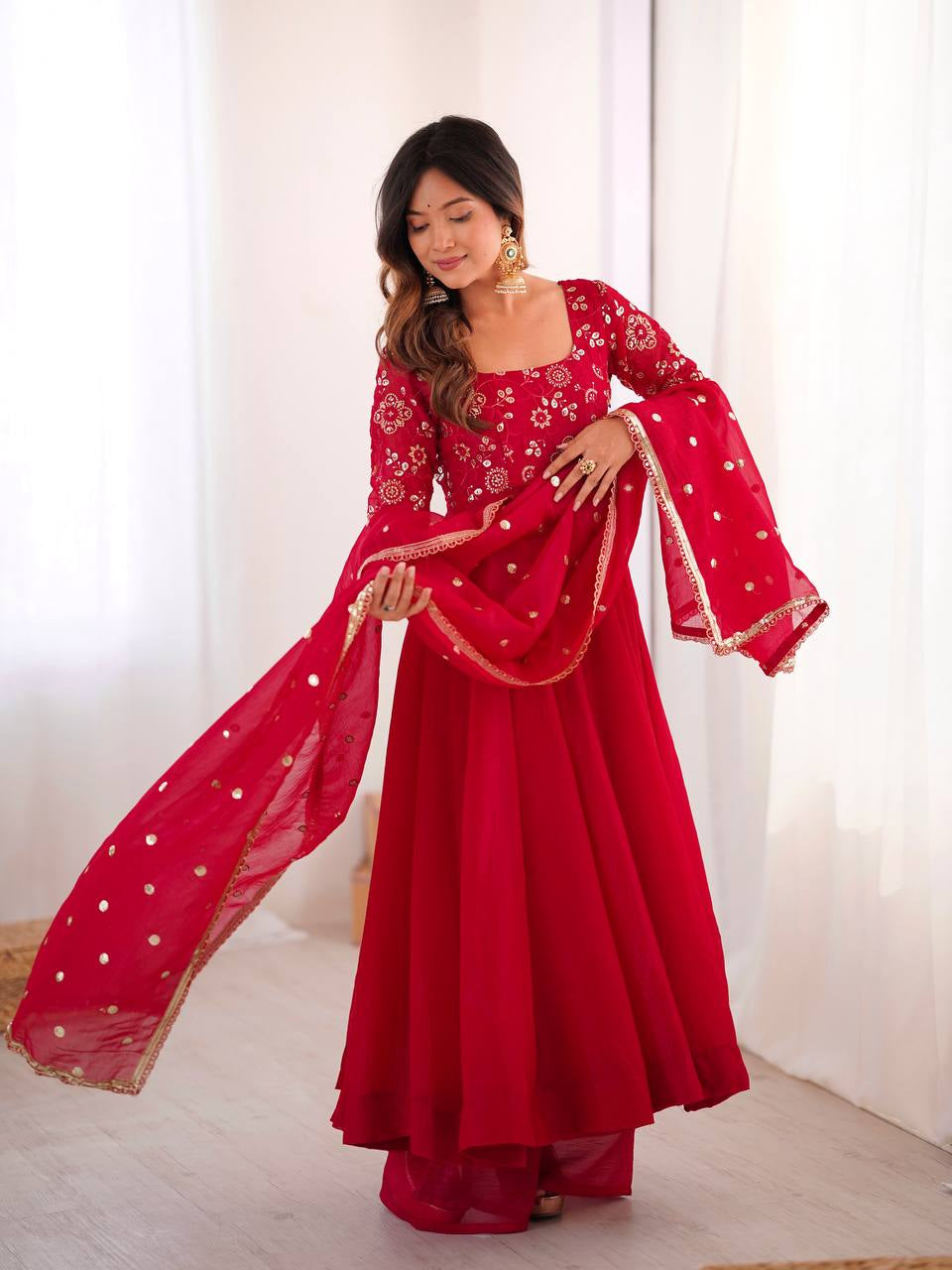 Womenline Regal Ruby Red Embroidered Anarkali Suit Set with Dupatta