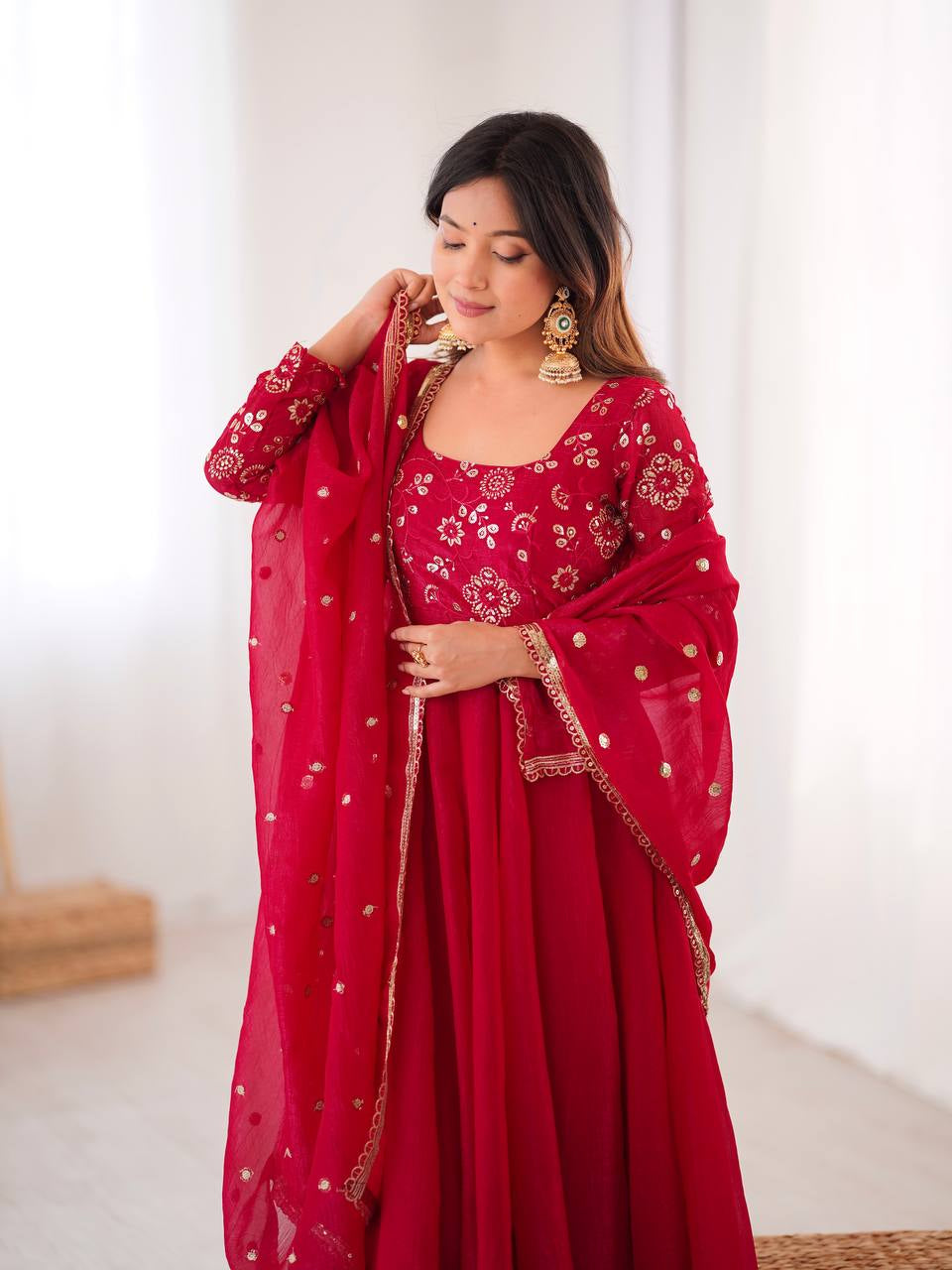 Womenline Regal Ruby Red Embroidered Anarkali Suit Set with Dupatta