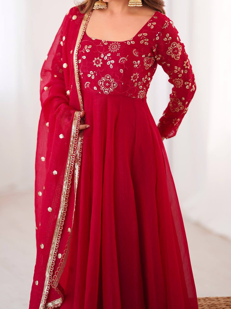 Womenline Regal Ruby Red Embroidered Anarkali Suit Set with Dupatta