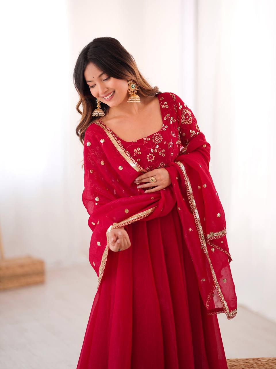 Womenline Regal Ruby Red Embroidered Anarkali Suit Set with Dupatta