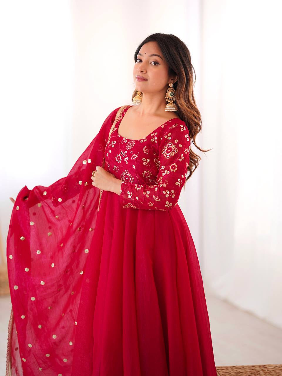 Womenline Regal Ruby Red Embroidered Anarkali Suit Set with Dupatta