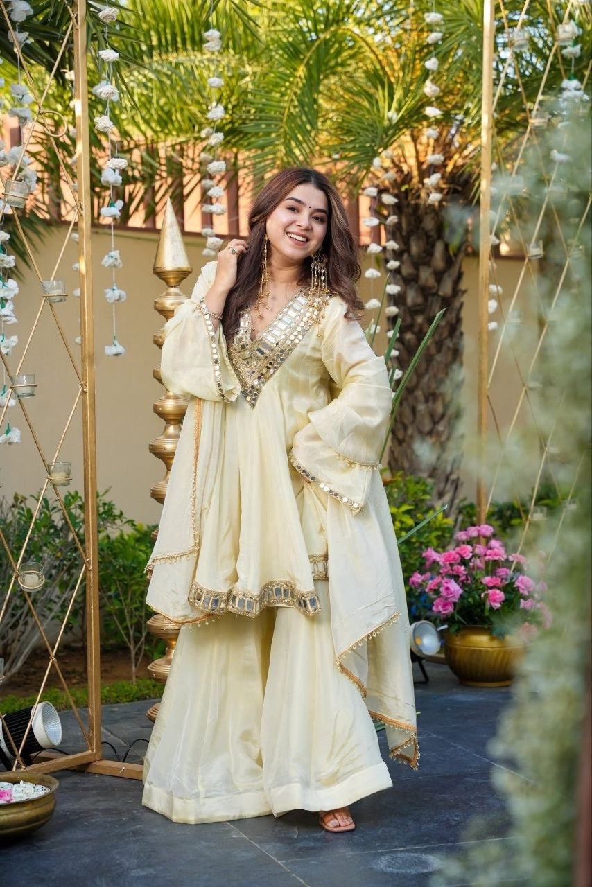 Womenline Ivory Mirror Work Peplum Kurta Set with Sharara & Dupatta