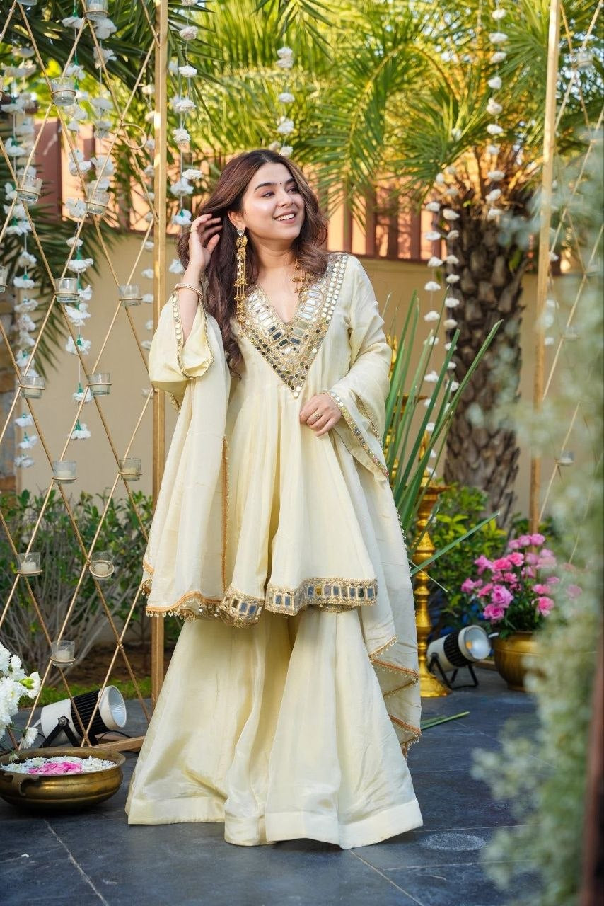 Womenline Ivory Mirror Work Peplum Kurta Set with Sharara & Dupatta